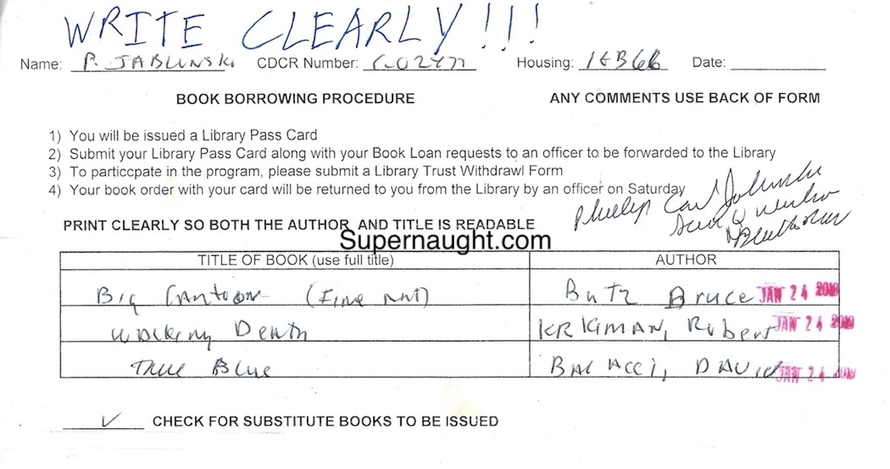 Phillip Jablonski Death Row Book Borrow Form Signed Twice