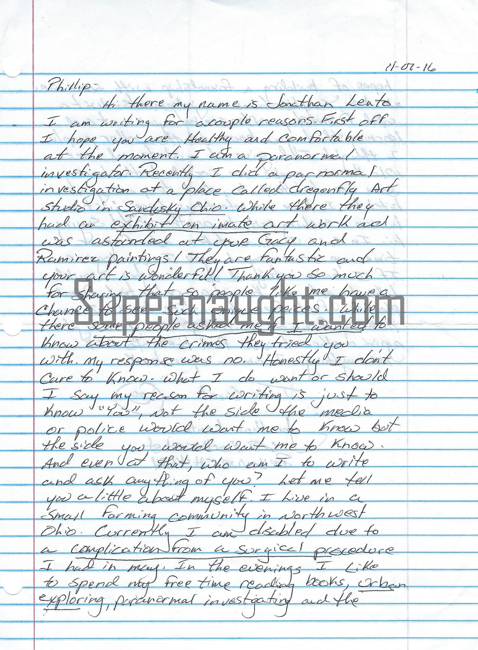 Phillip Jablonski Deceased Pen Pal Letter