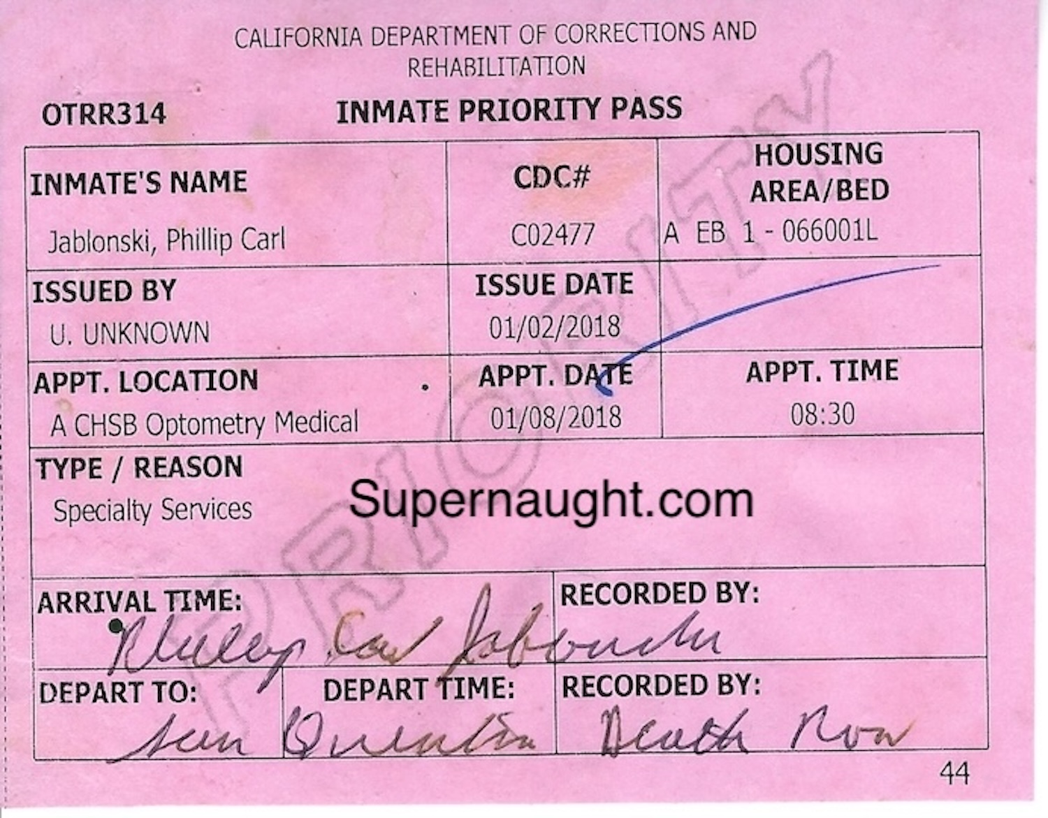 Phillip Jablonski Inmate Priority Medical Pass Signed
