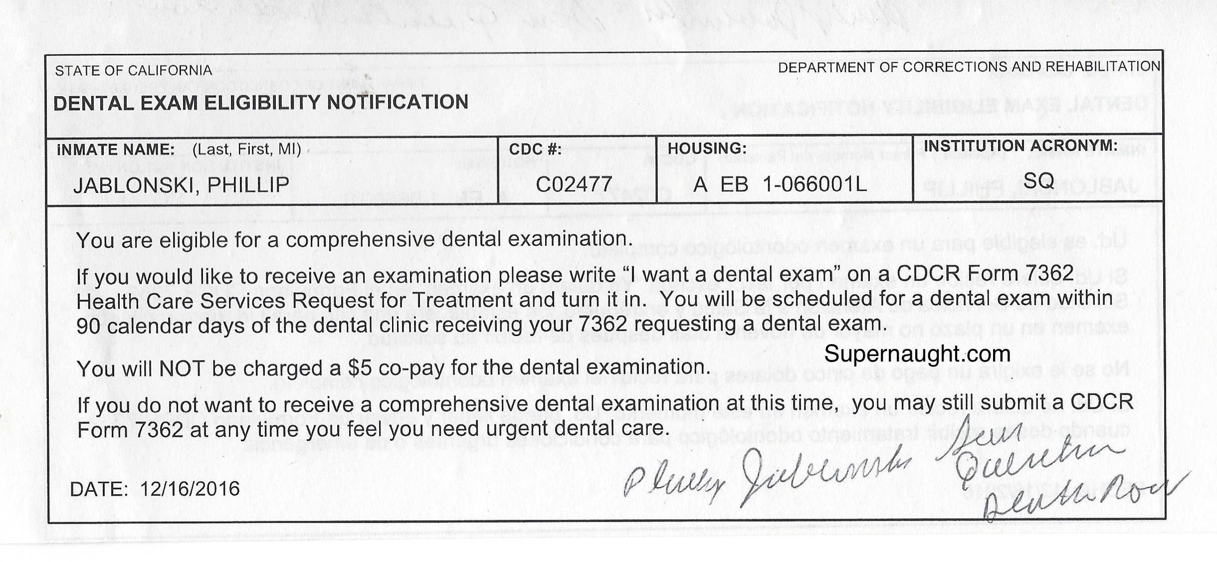 Phillip Jablonski Signed Dental Exam Notice