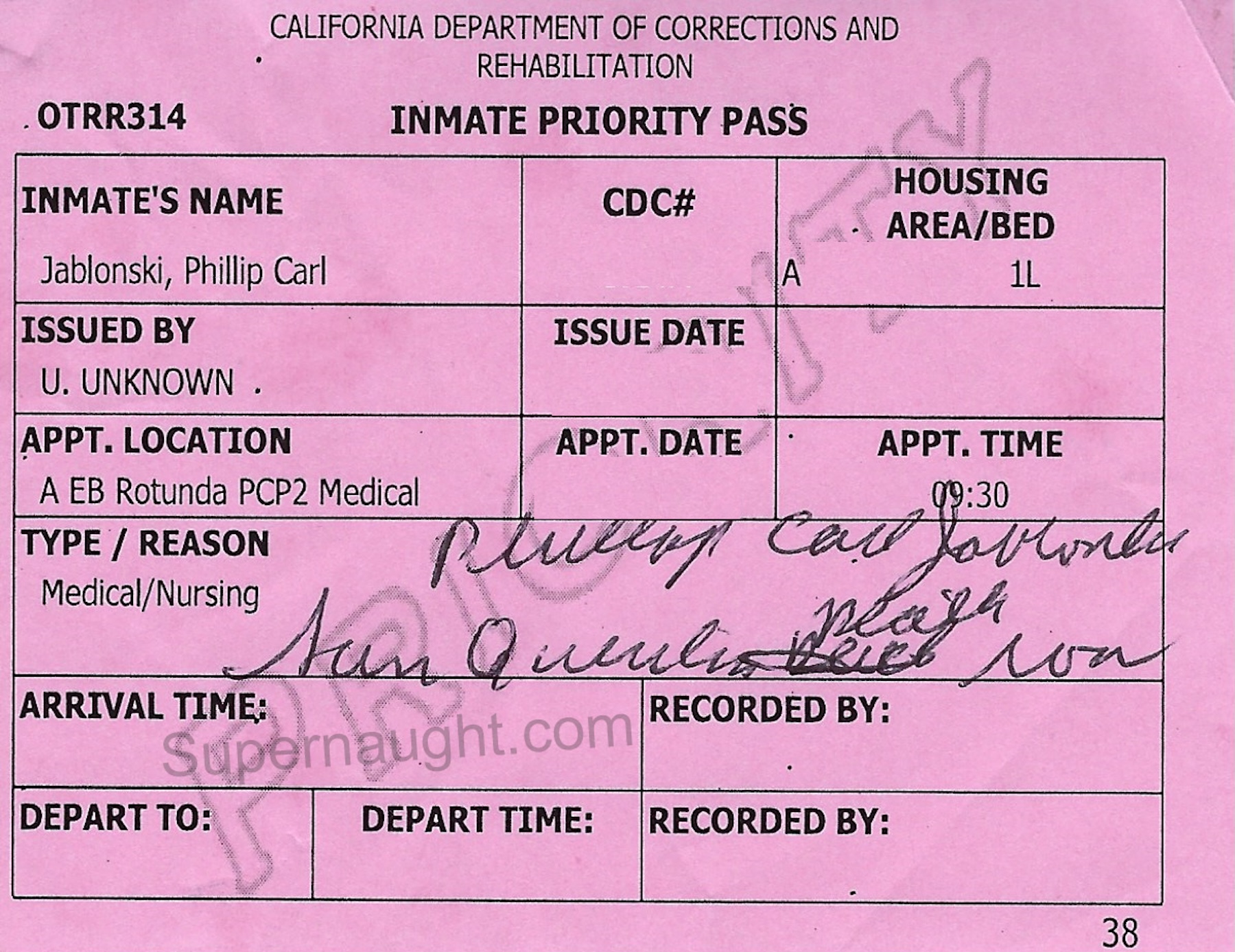 Phillip Jablonski Signed Medical Inmate Pass