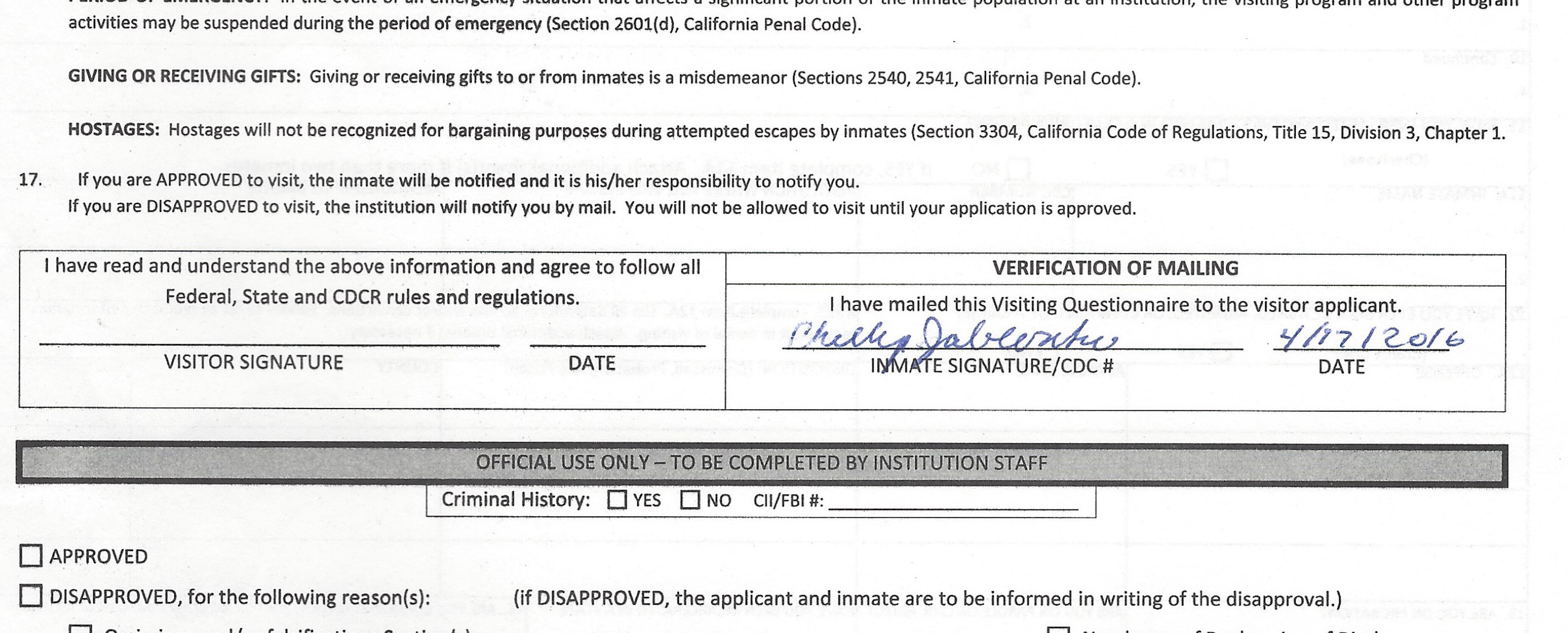 Phillip Jablonski Signed Visiting Application