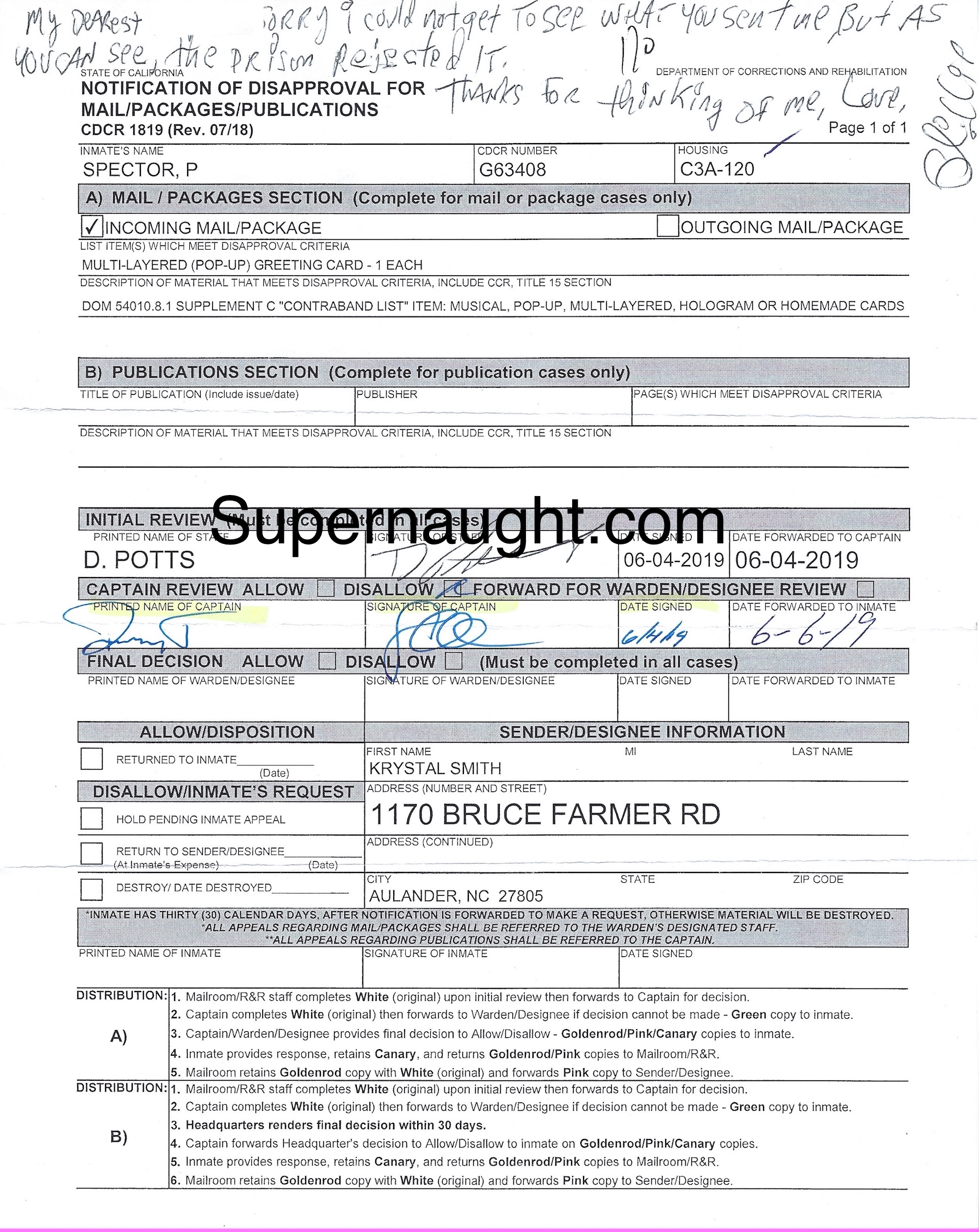 Phil Spector Signed Prison Notification of Disapproval image 2