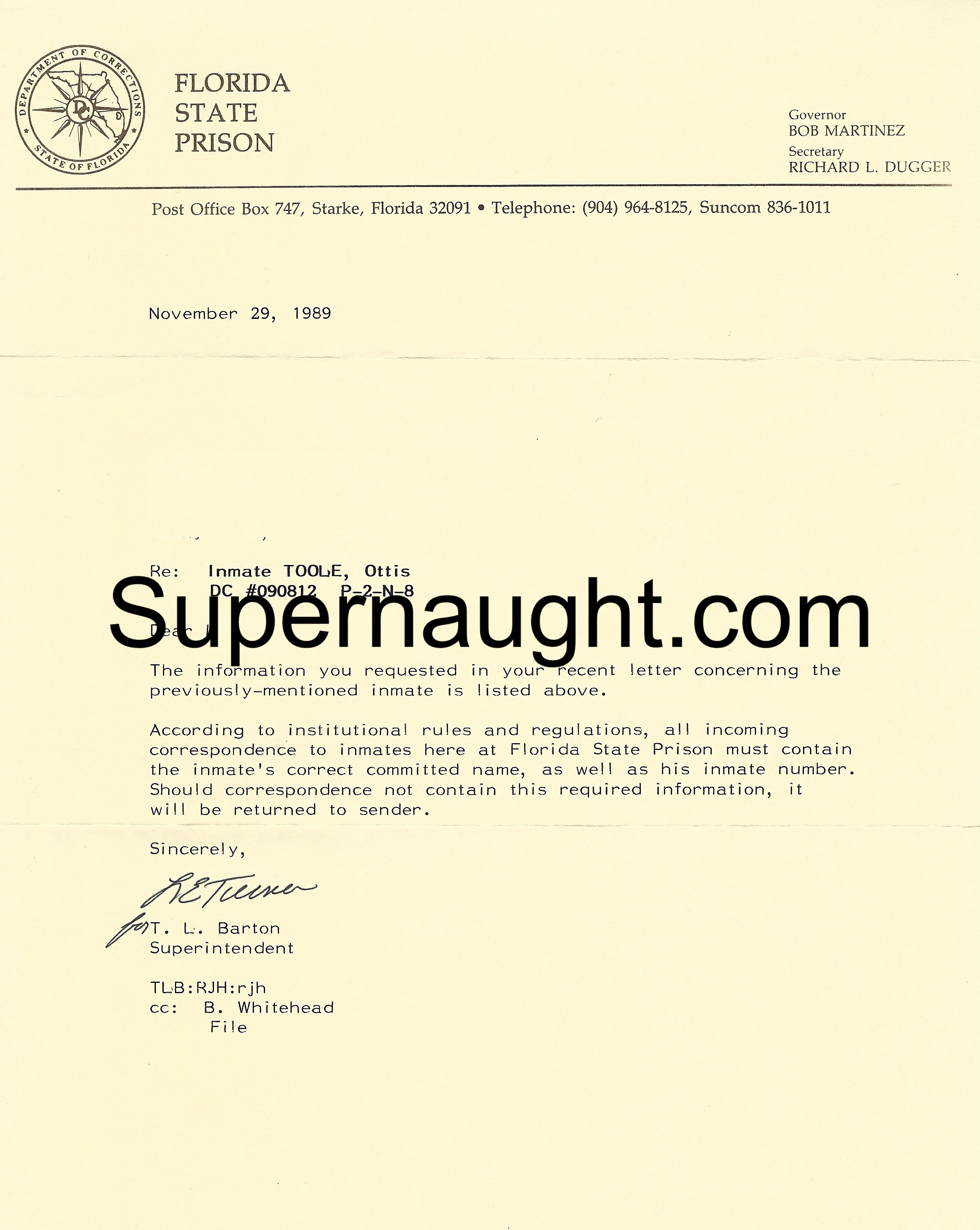 Prison Letter Regarding Ottis Toole