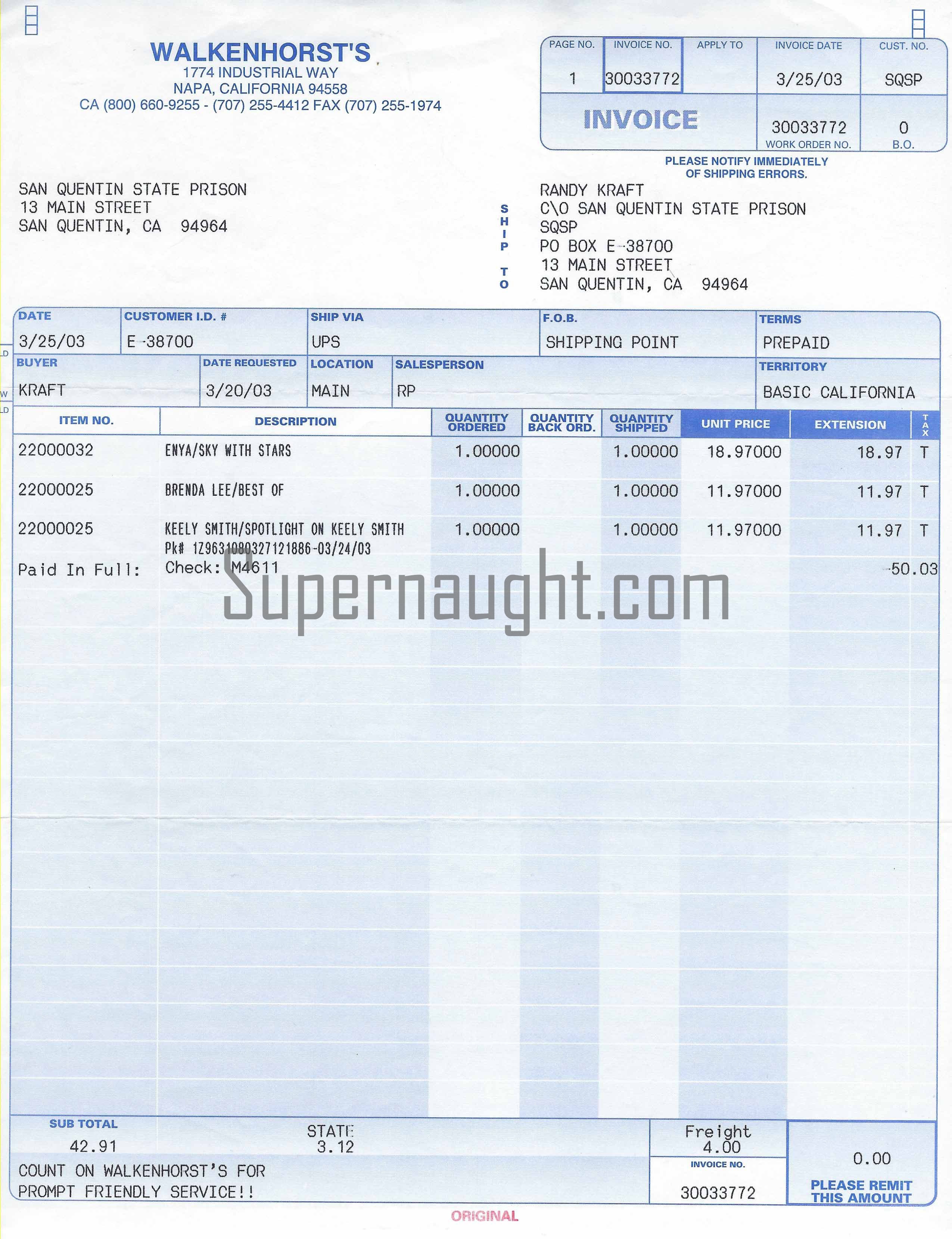 Randy Kraft 2003 Special Order Purchase Invoice