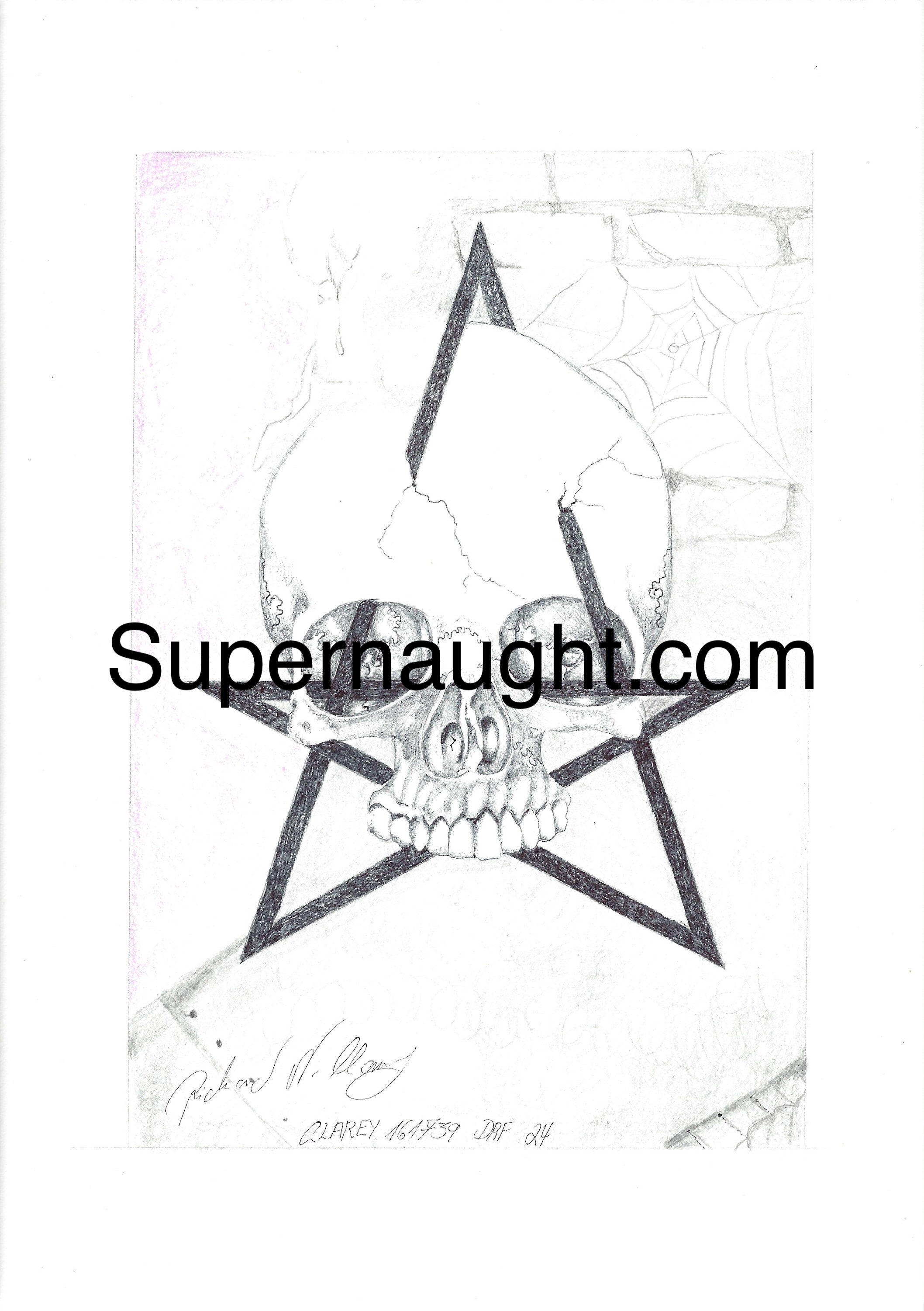 Richard Clarey Pentagram Skull Drawing Signed Twice