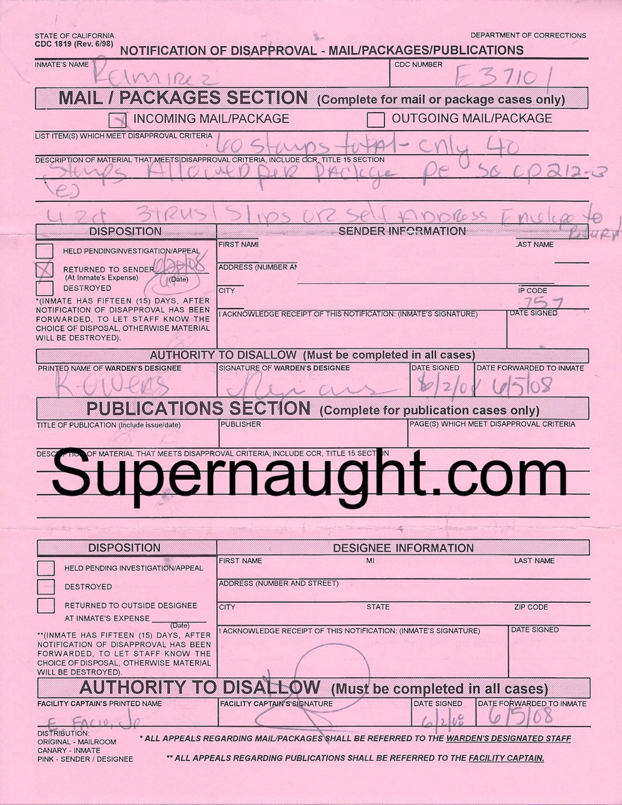 Richard Ramirez Mail Refusal and Envelope Set San Quentin State Prison Death Row