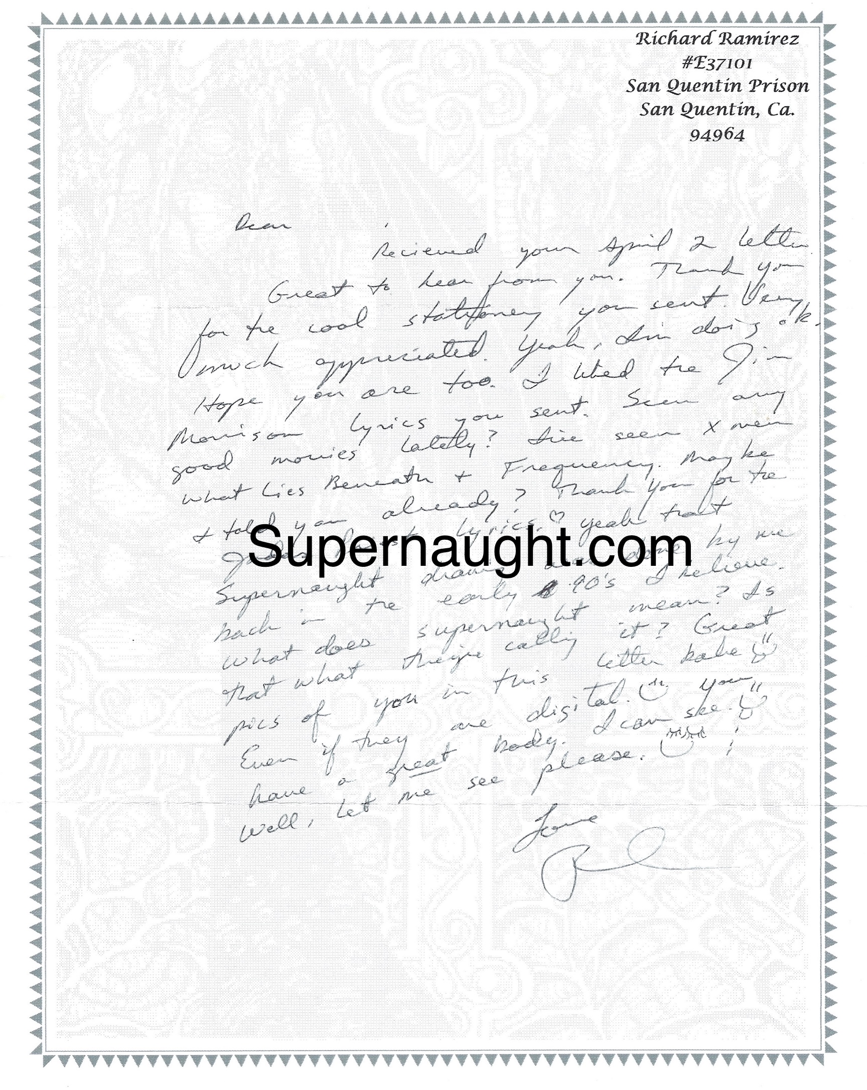 Richard Ramirez Night Stalker Autographed Letter