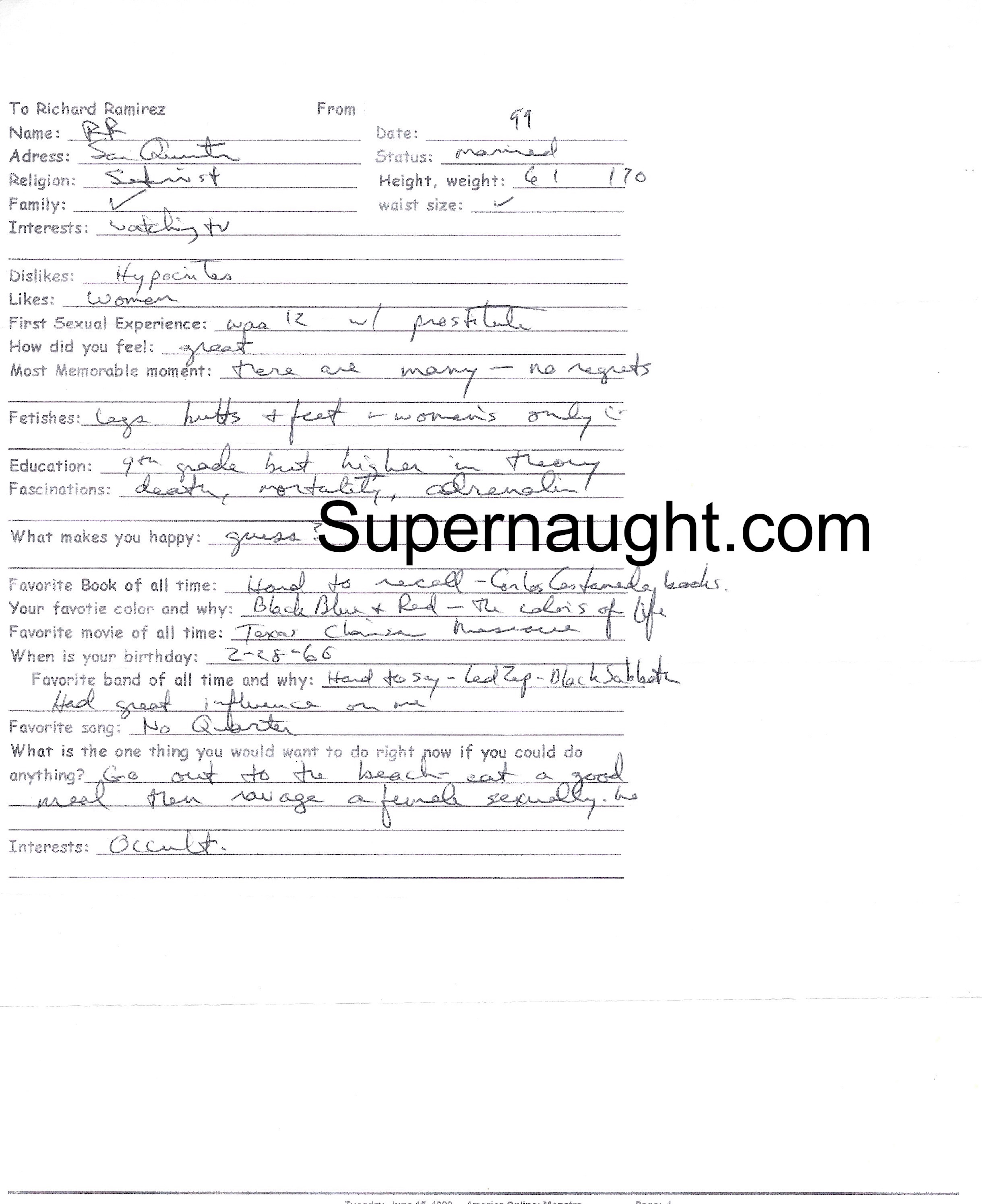 Richard Ramirez Questionnaire Initialed and Filled Out By The Night Stalker