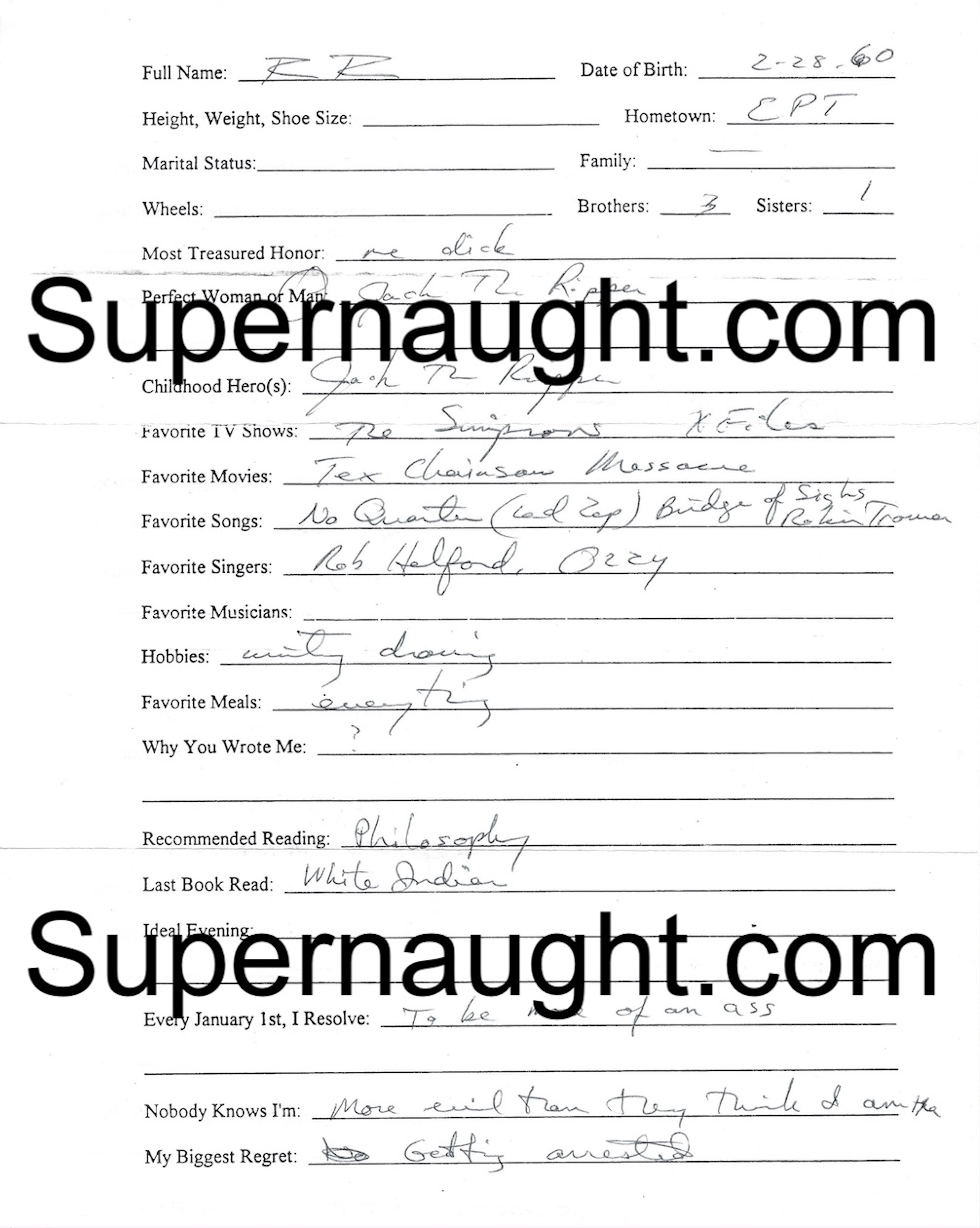 Richard Ramirez Signed Questionnaire
