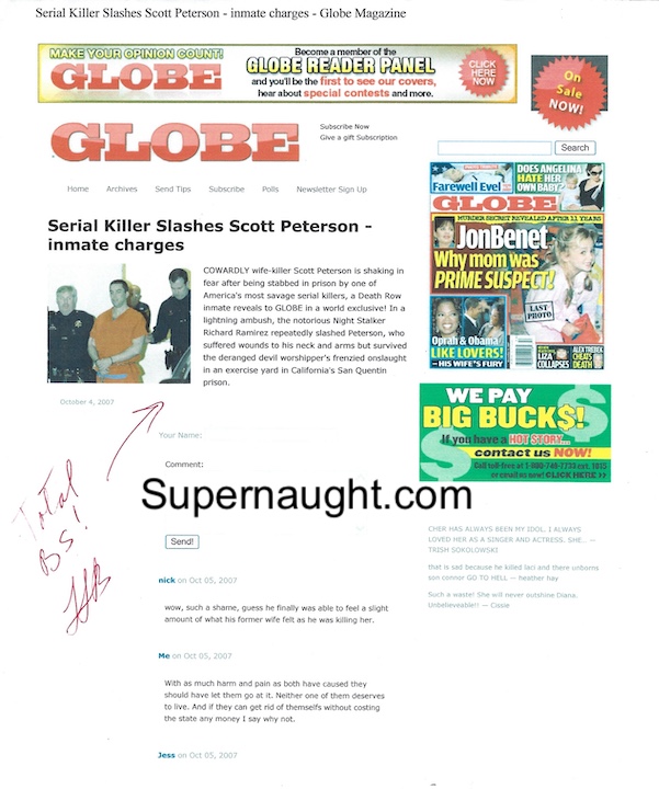 Richard Ramirez Slashes Scott Peterson Article Signed By Lawrence Bittaker