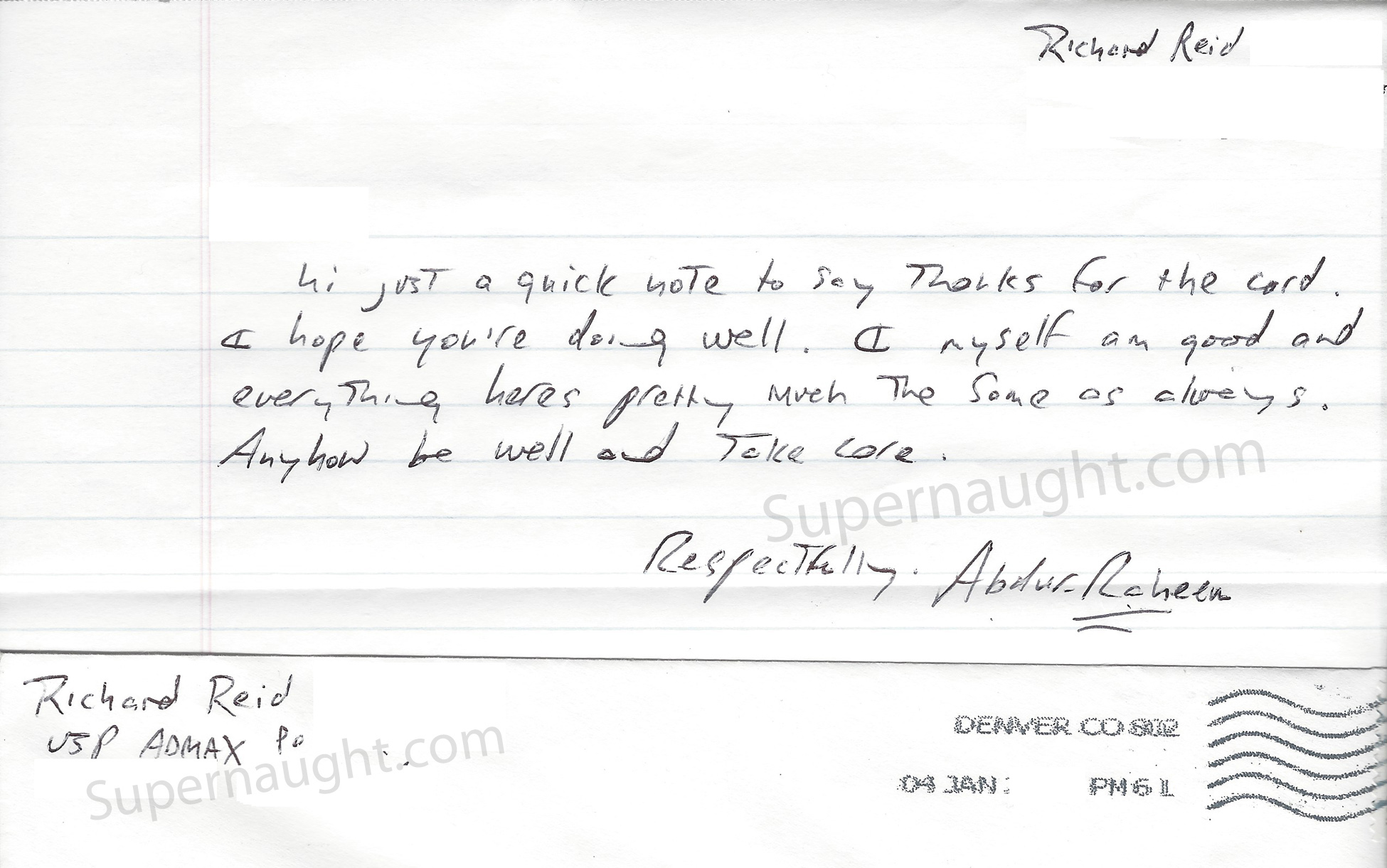 Richard Reid Handwritten Letter and Envelope Set Both Signed