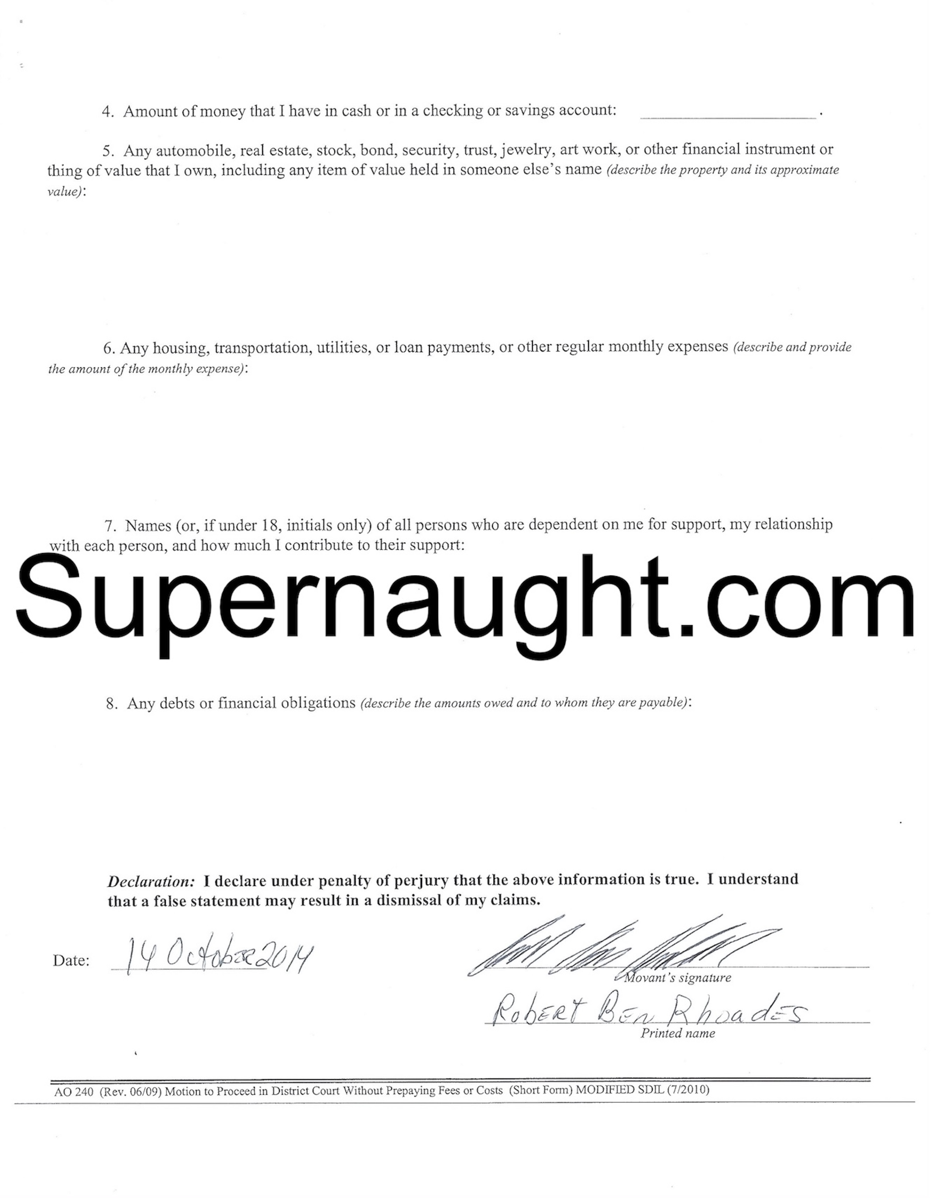 Robert Ben Rhoades Motion and Affidavit Signed