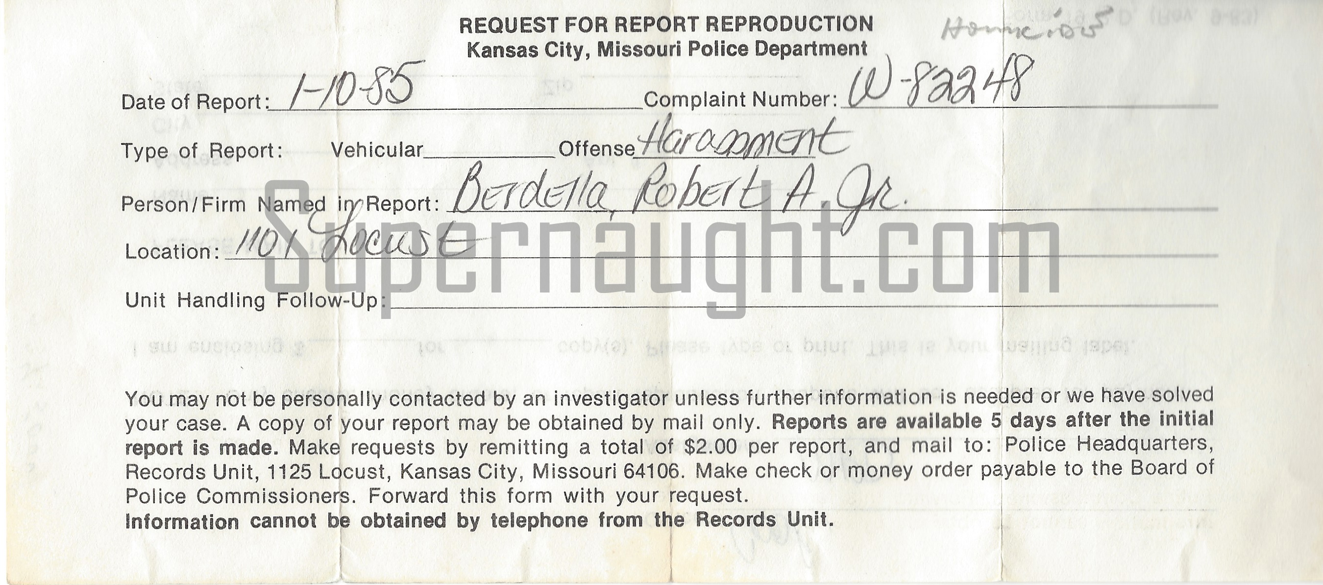 Robert Berdella 1985 Police Complaint