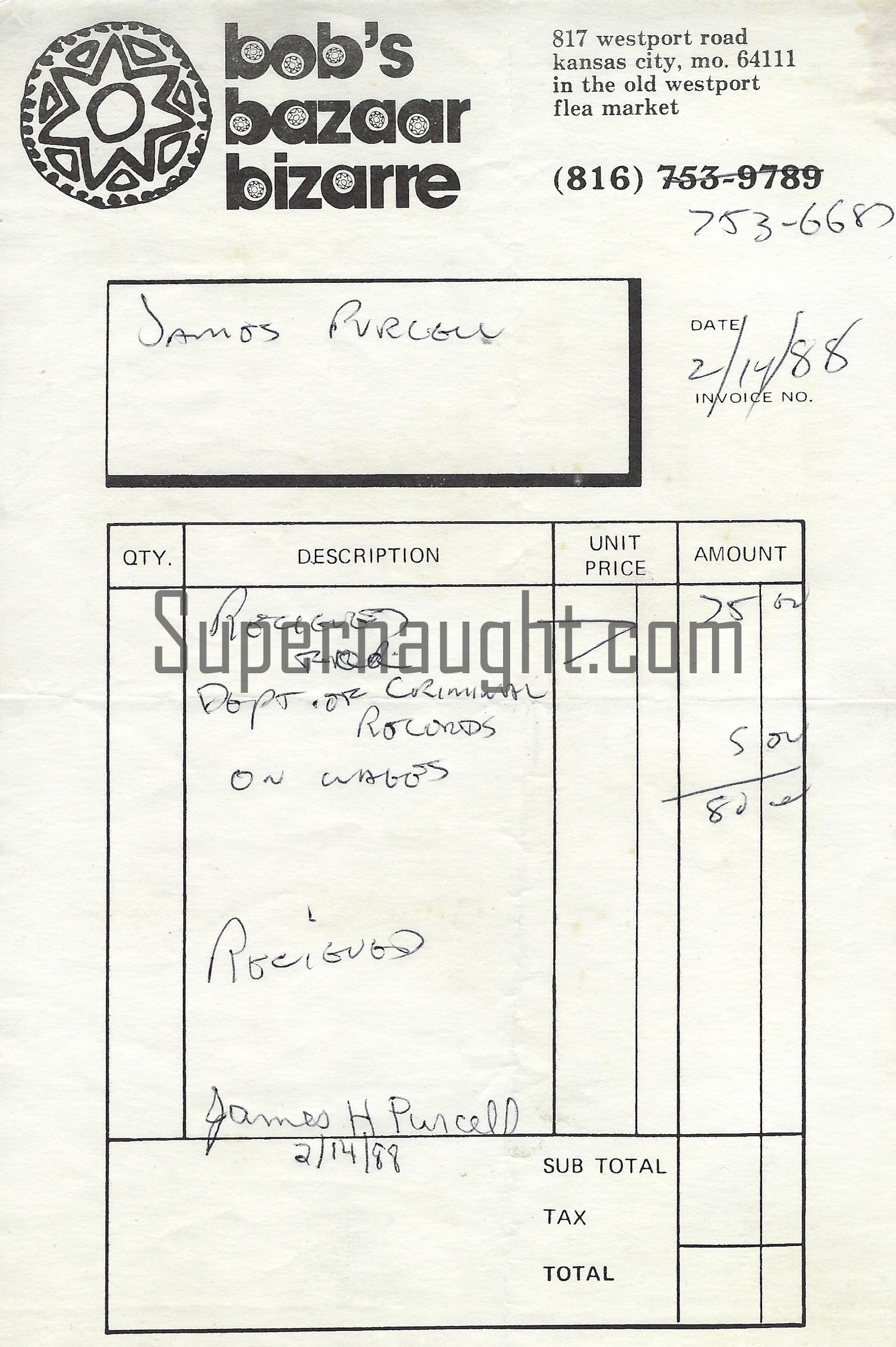 Robert Berdella Bob's Bazaar Bizarre Logo Receipt Signed James Purcell