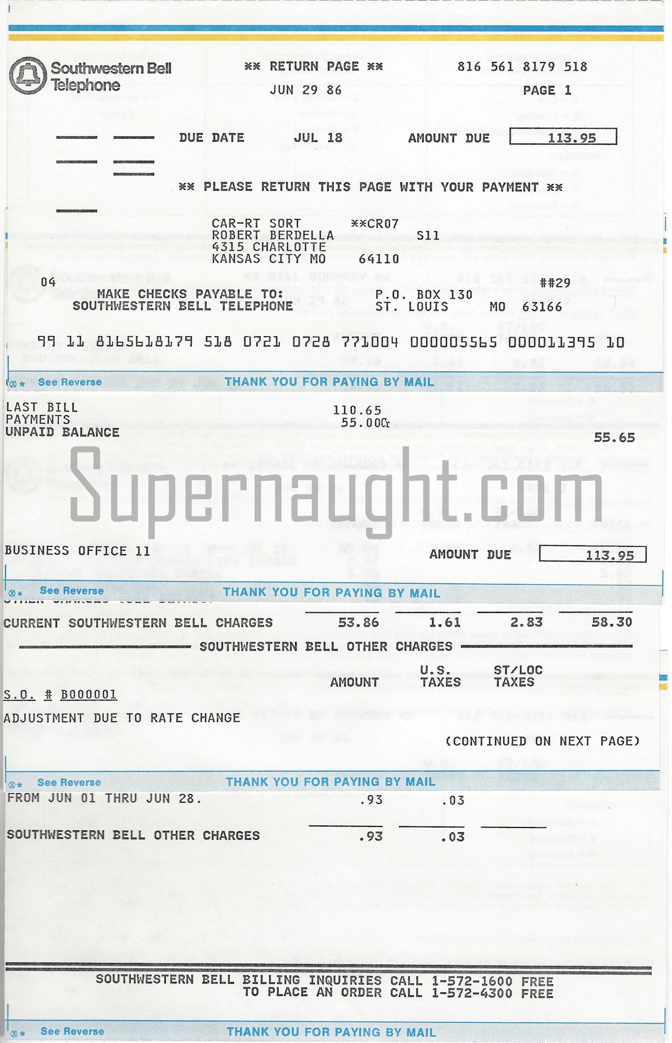 Robert Berdella June 1986 Southwestern Bell Phone Bill
