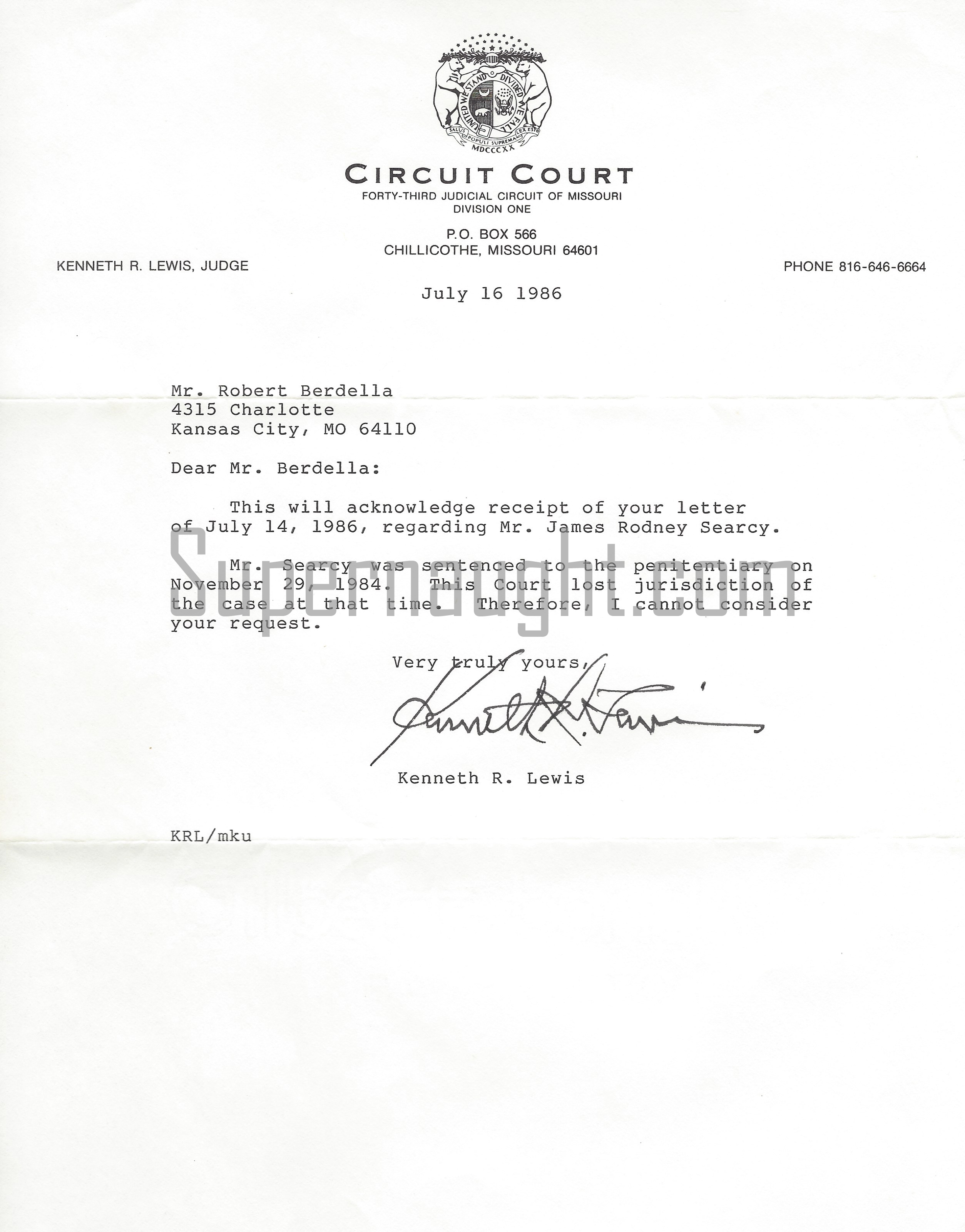 Robert Berdella Letter From Judge Lewis Signed With Envelope