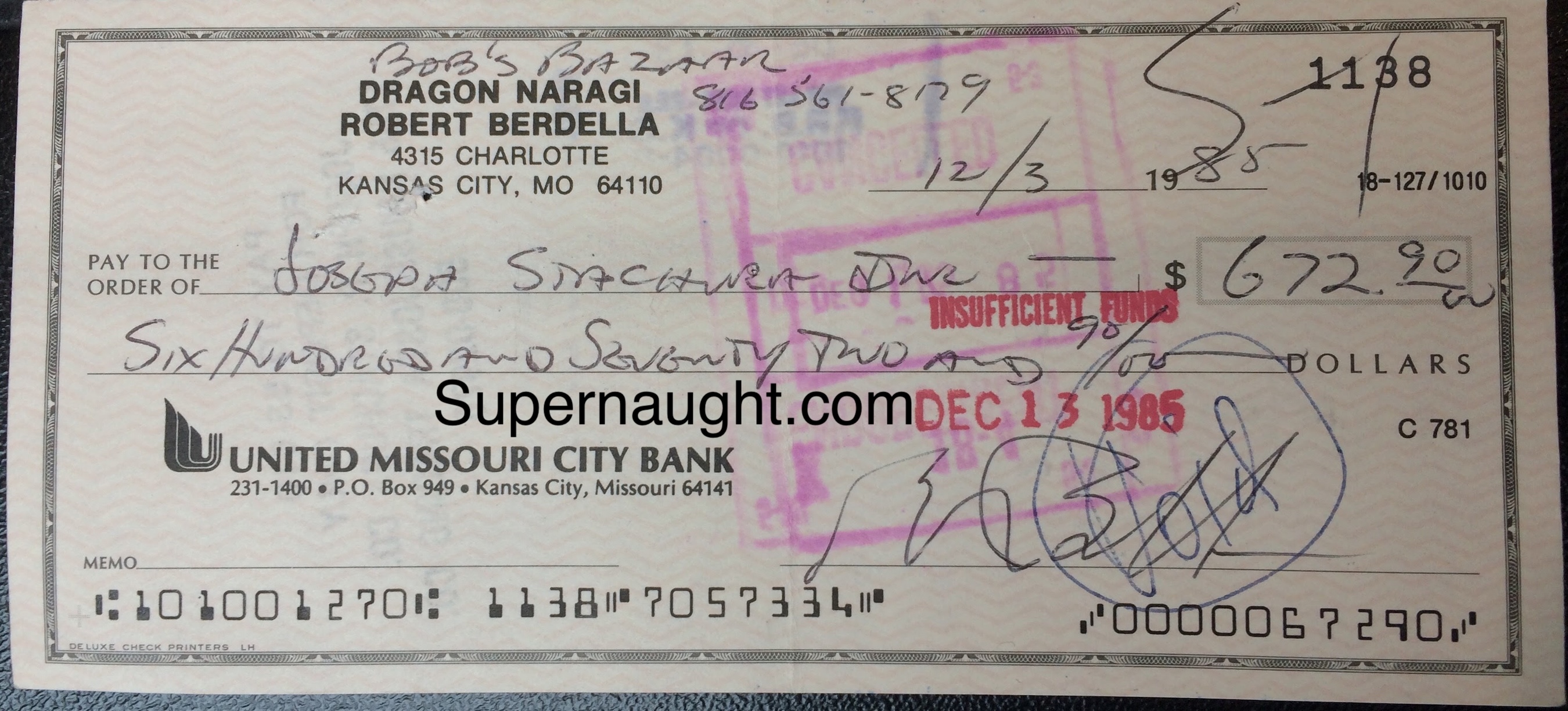 Robert Berdella Signed Business Check Autograph Bob's Bazaar