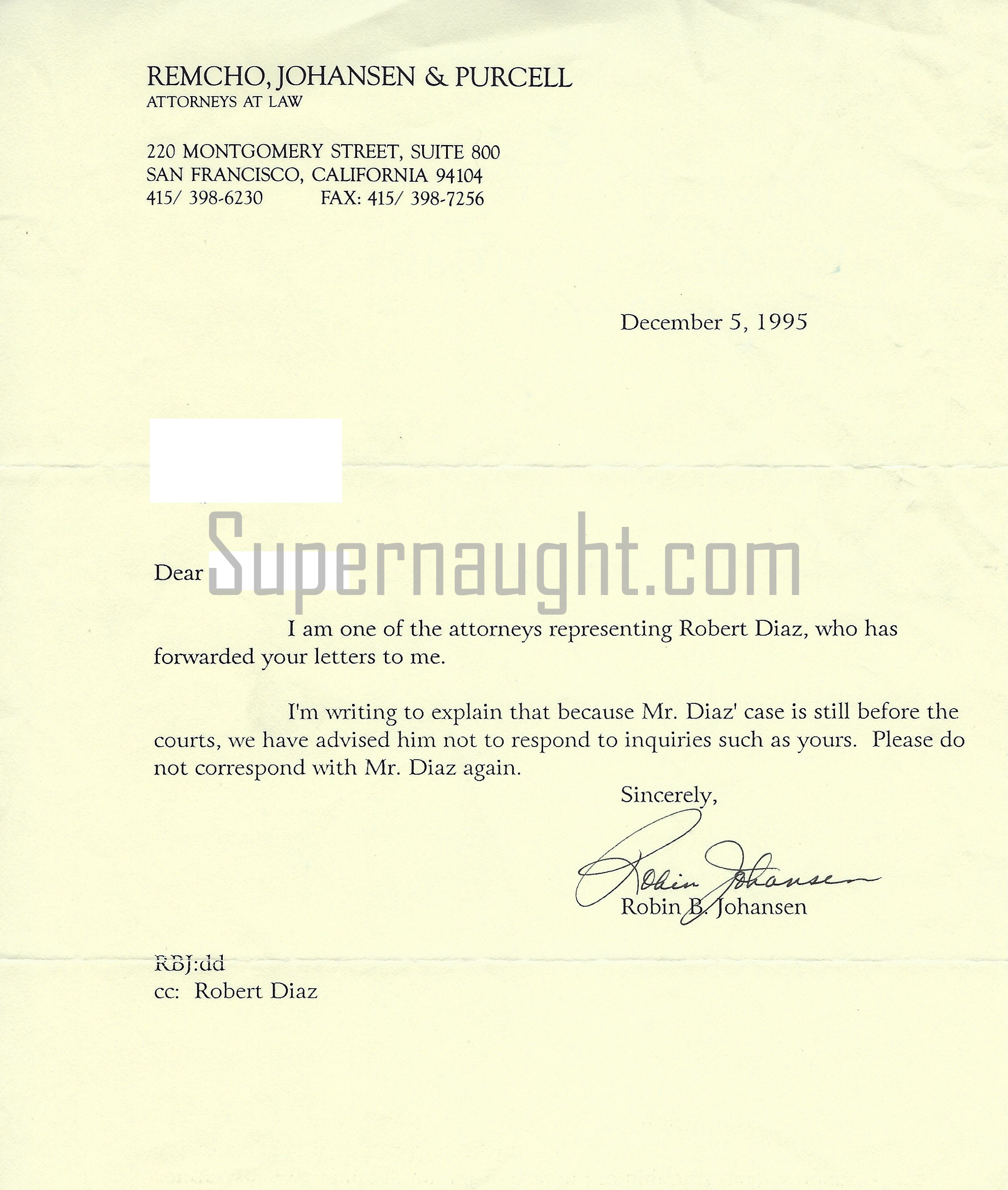 Robert Diaz Letter Signed Attorney Letter