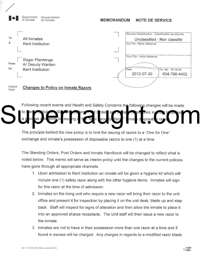 Robert Pickton Inmate Razors Memo His Copy