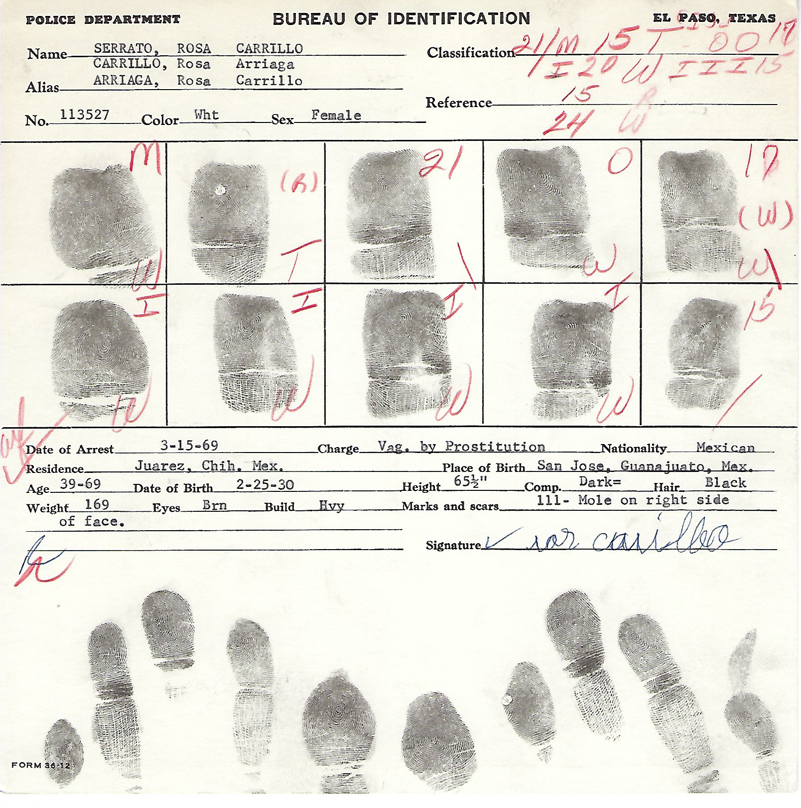 Rosa Serrato 1969 El Paso Police Fingerprint Identification Chart
