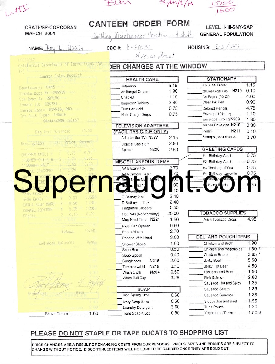 Roy Norris Canteen Form and Receipt Both Signed