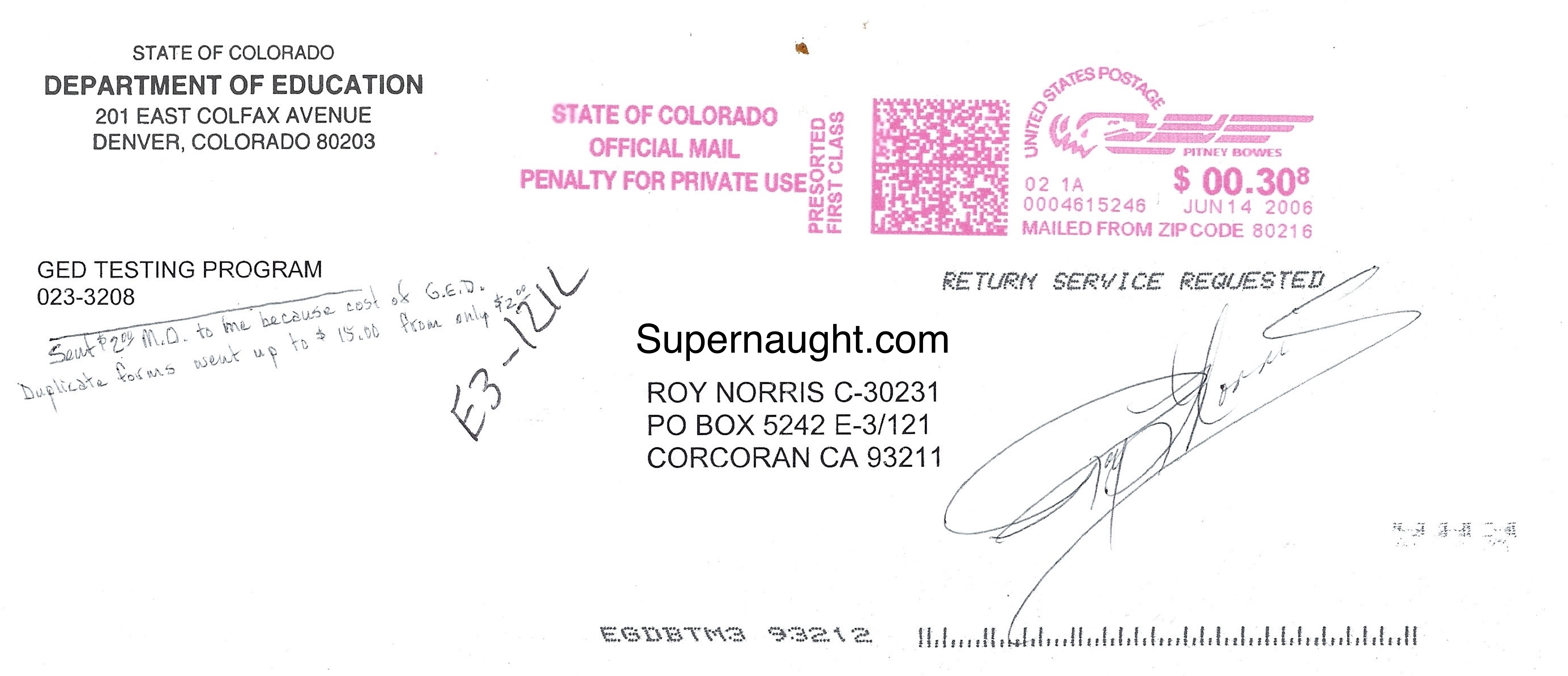 Roy Norris Department of Education Envelope Signed