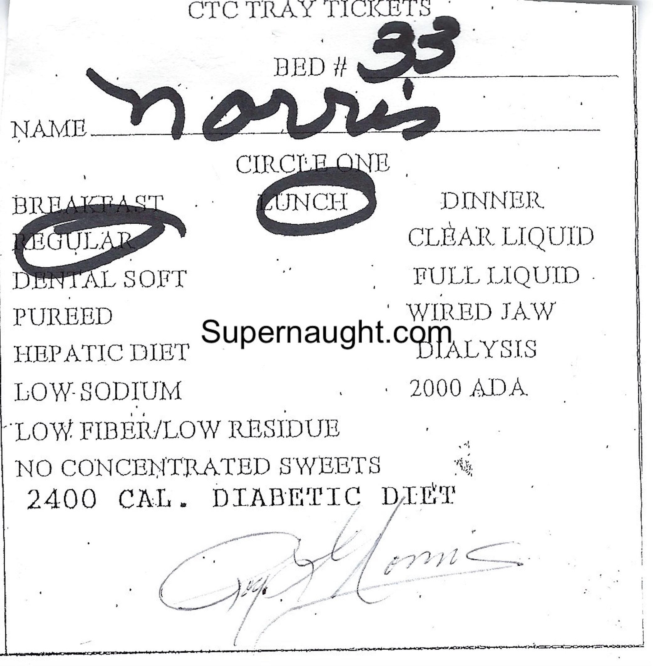 Roy Norris Food Tray Ticket Signed