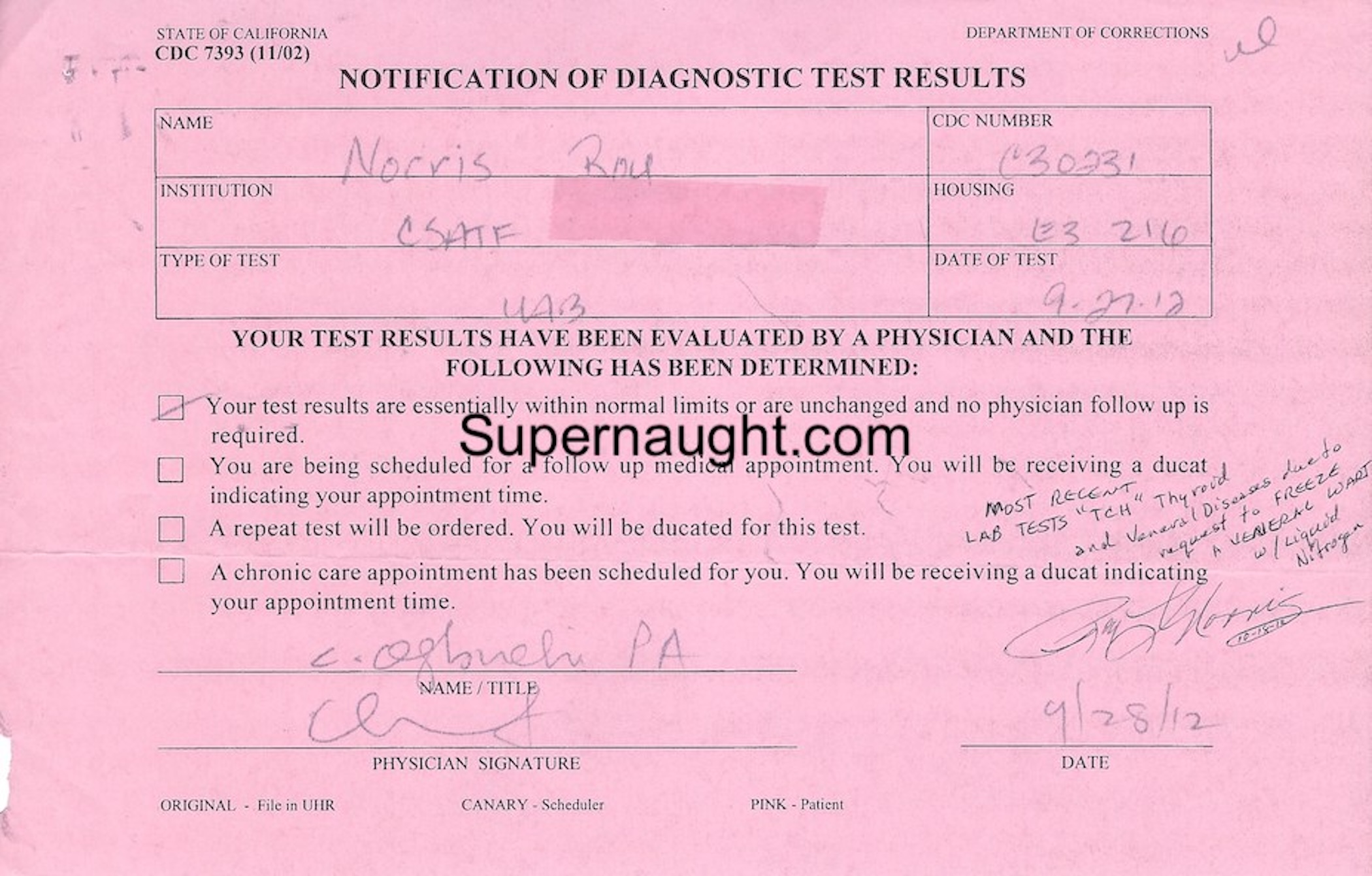Roy Norris Lab Test Results Signed