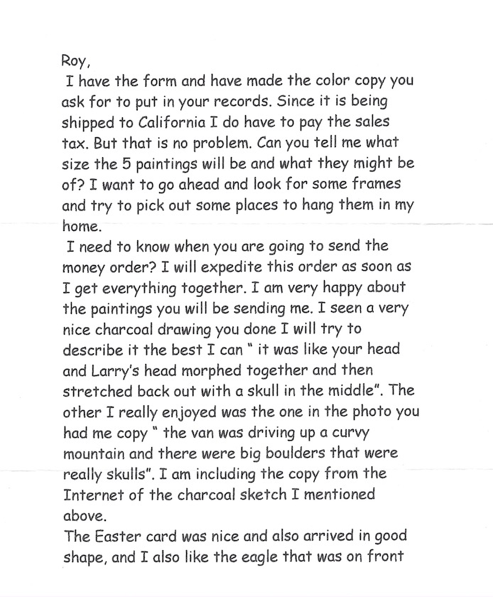 Roy Norris Pen Pal Letter and Artwork Printout