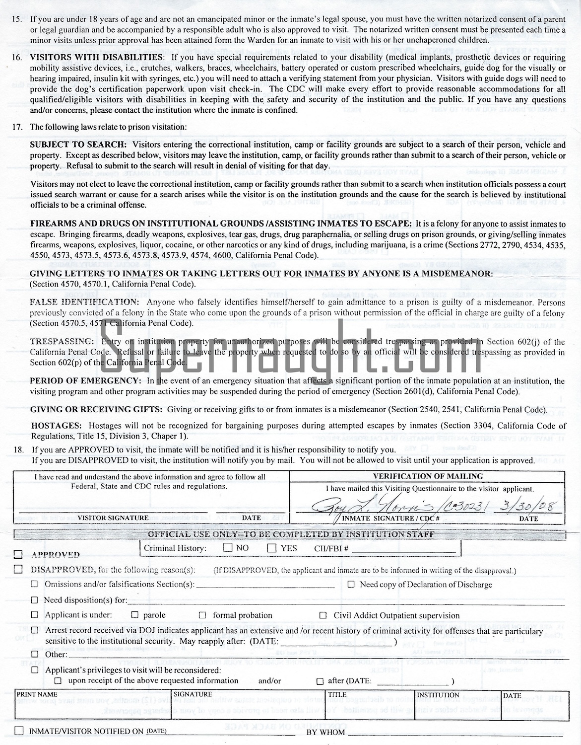 Roy Norris Signed Visiting Application