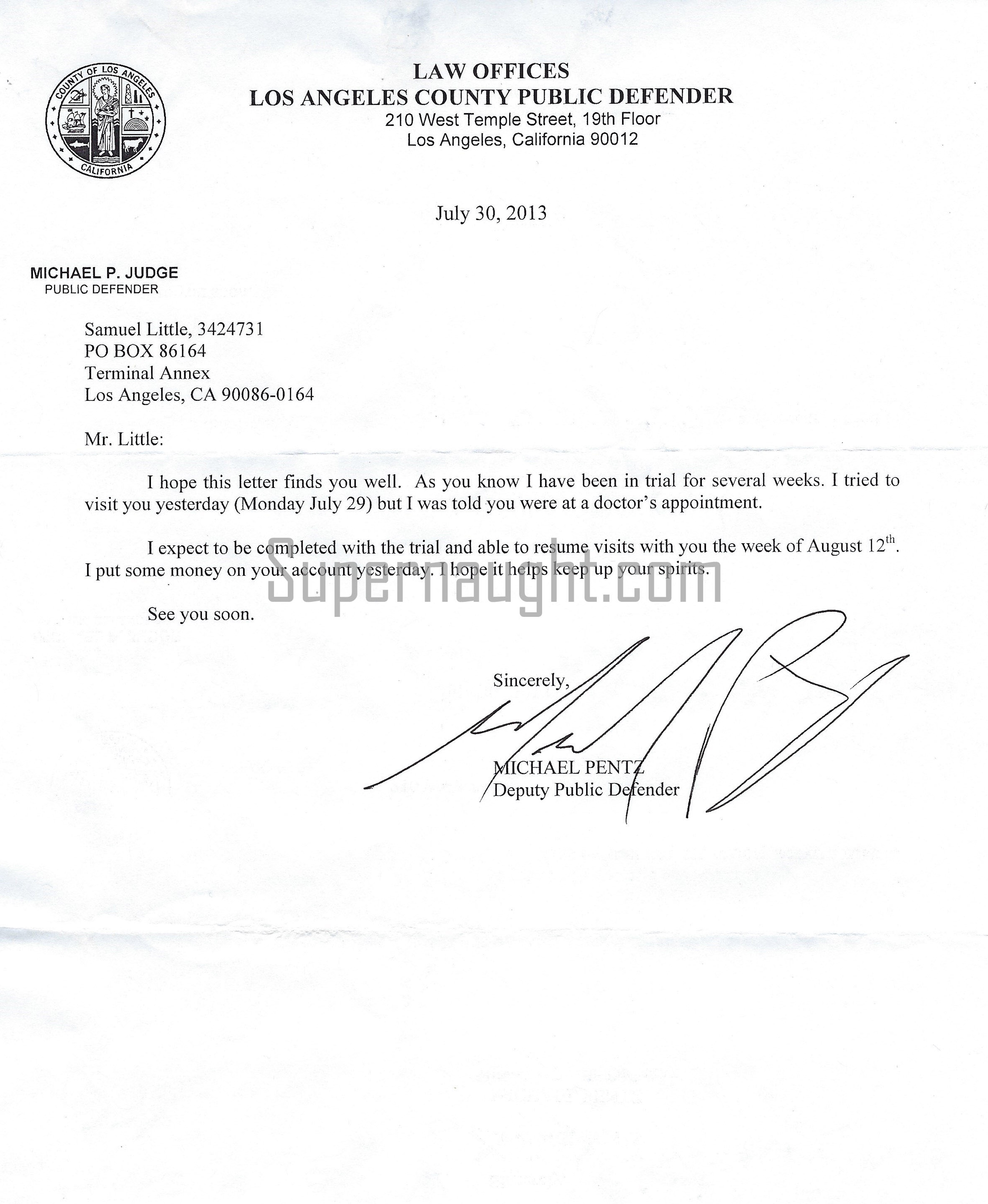 Samuel Little 2013 Signed Letter From His Attorney