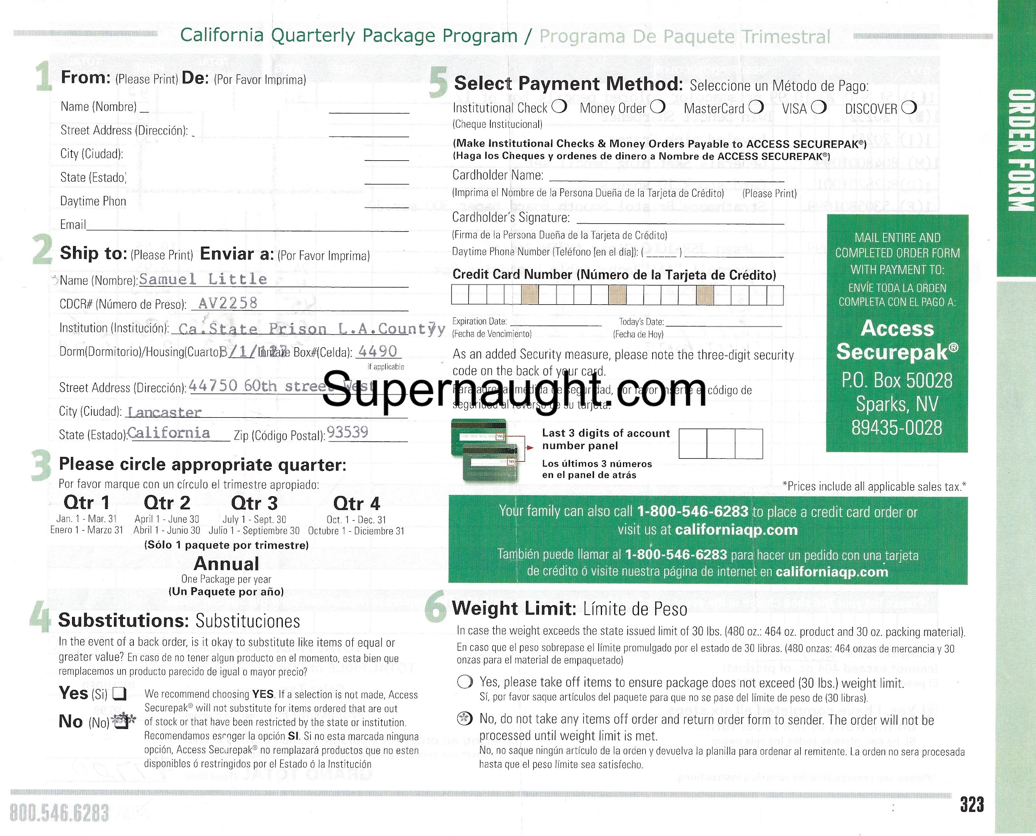 Samuel Little Prison Package Order Form Filled Out By Sam