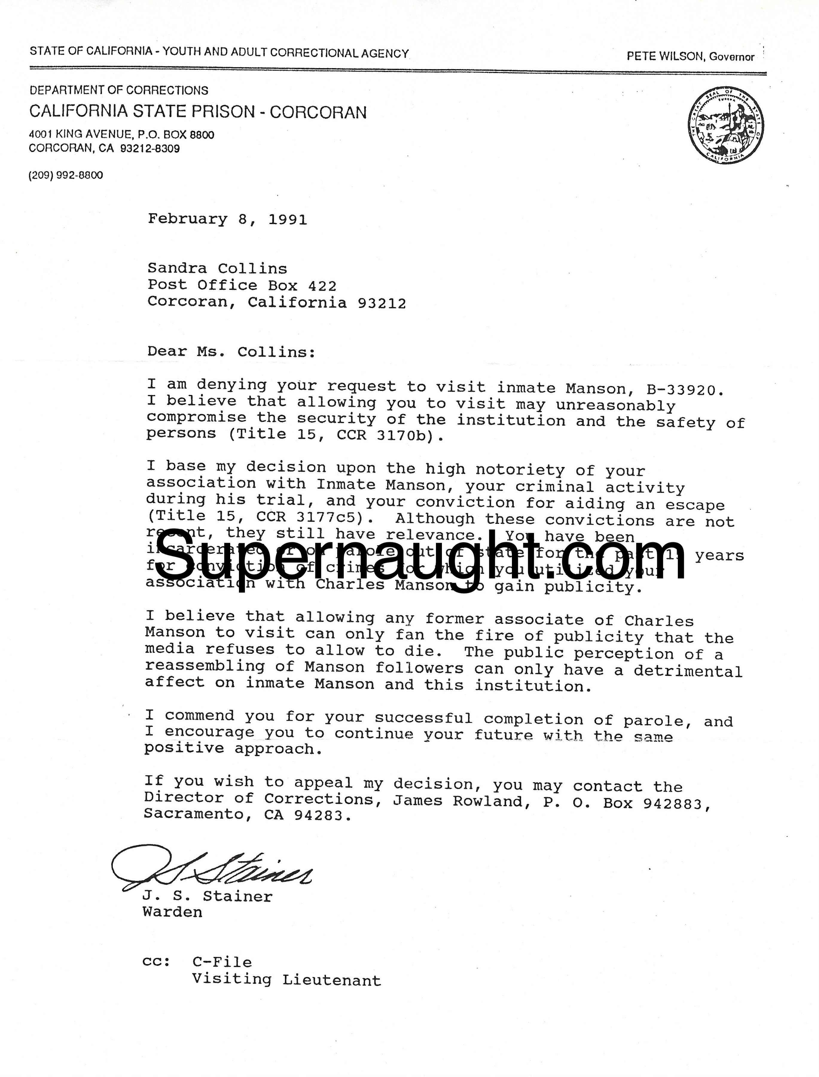 Sandra Good Charles Manson Visitation Letter Warden Stainer