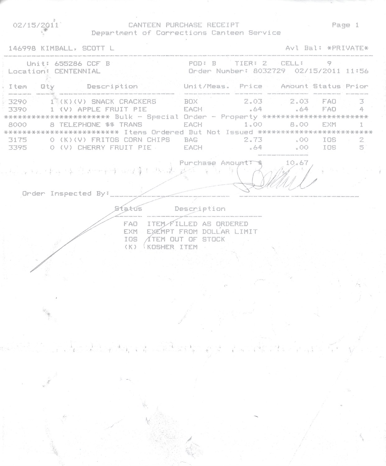 Scott Kimball Canteen Receipt Inmate Copy