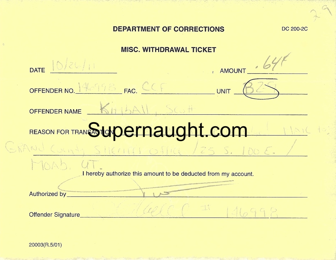 Scott Kimball Misc Withdrawal Ticket Signed