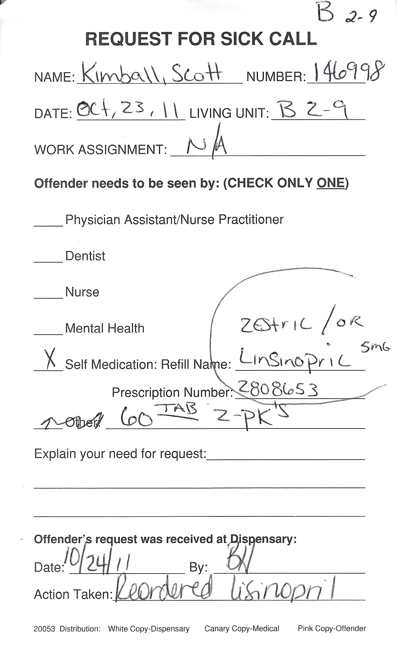 Scott Kimball Request for Sick Call
