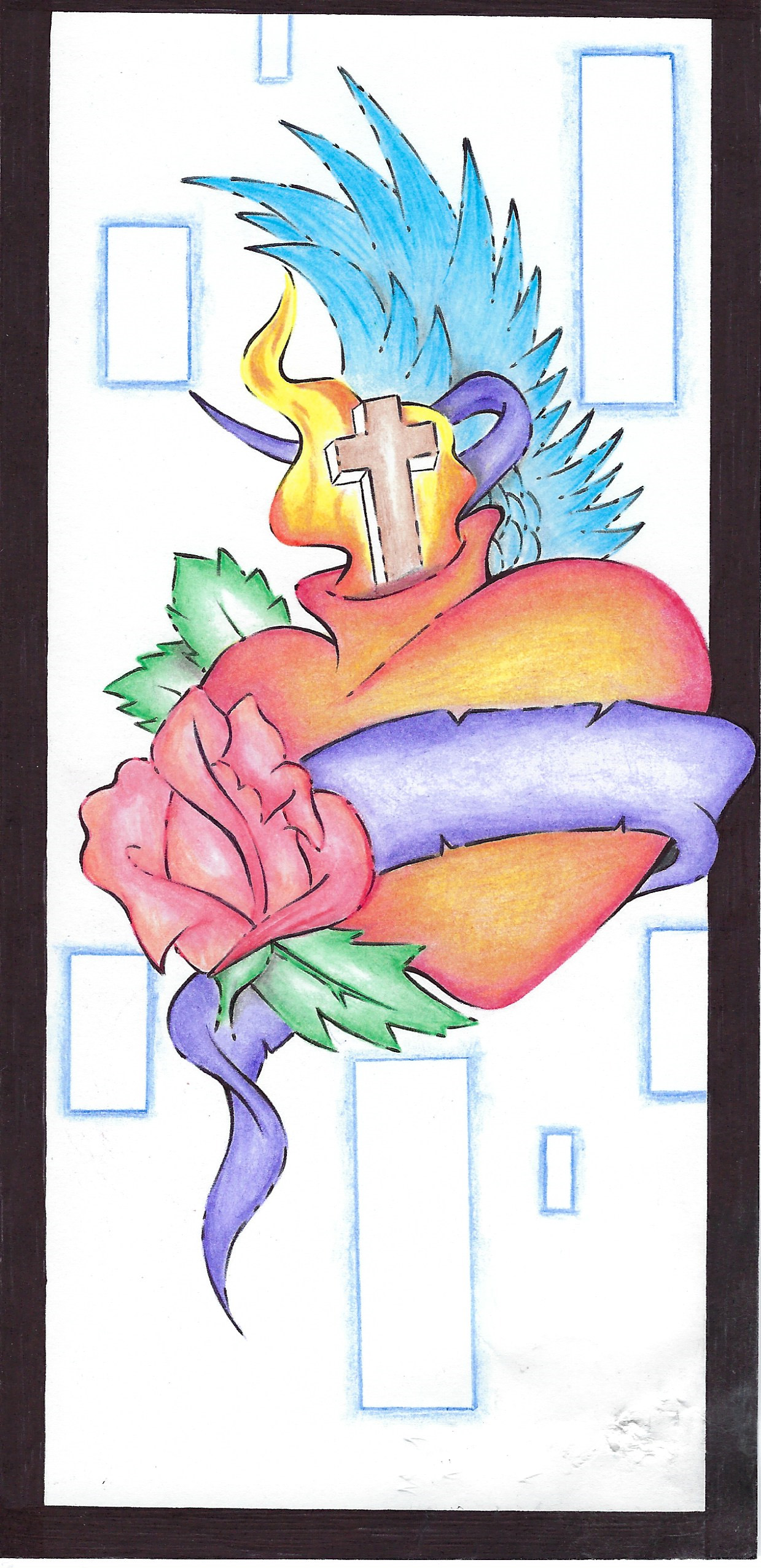 Scott Kimball Signed Heart Rose Cross Drawing