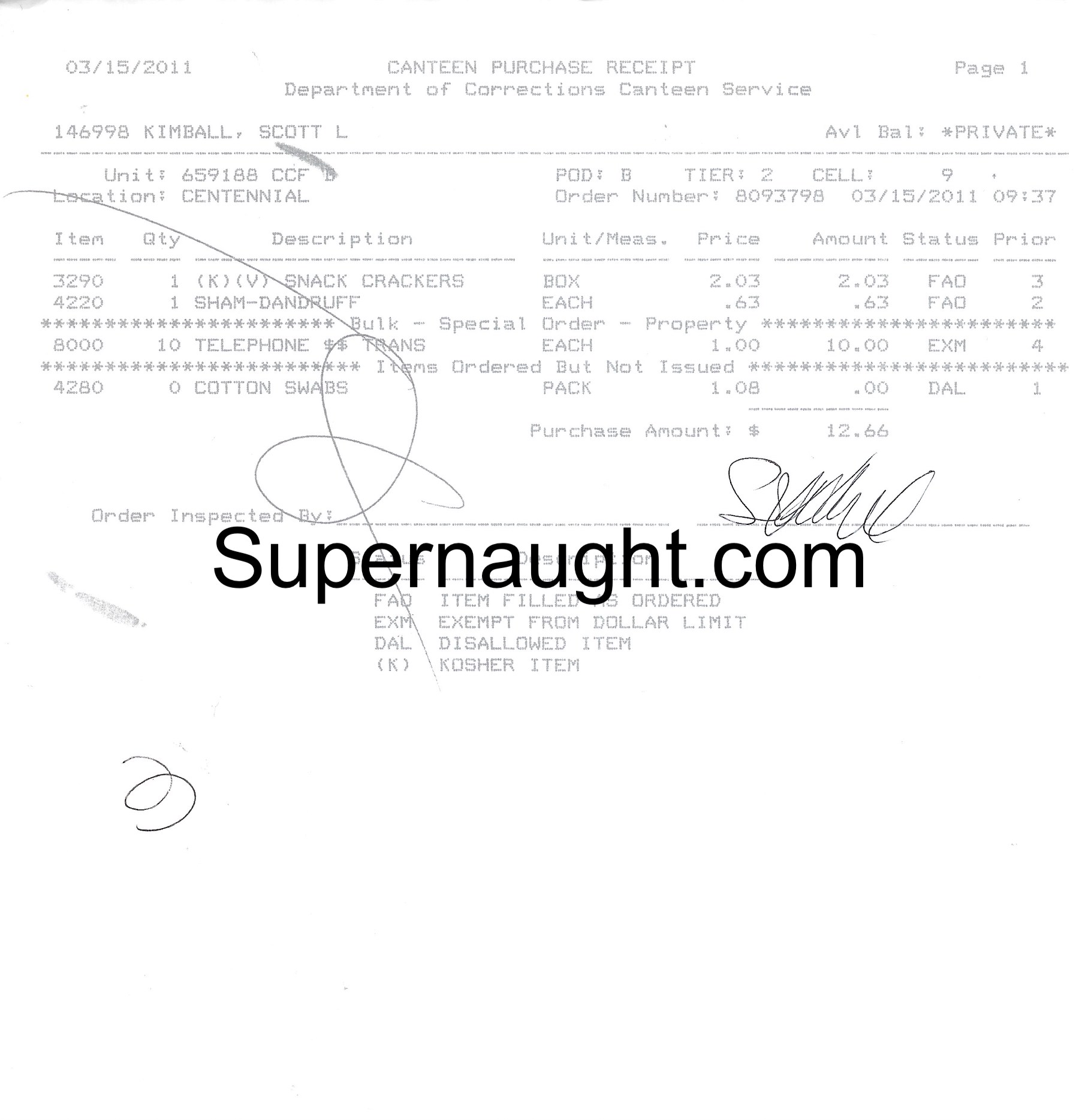 Scott Kimball Signed Inmate Canteen Receipt