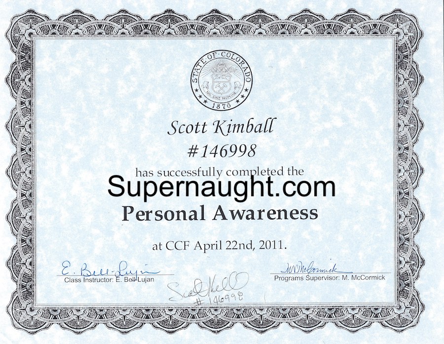 Scott Kimball Signed Personal Awareness Certificate