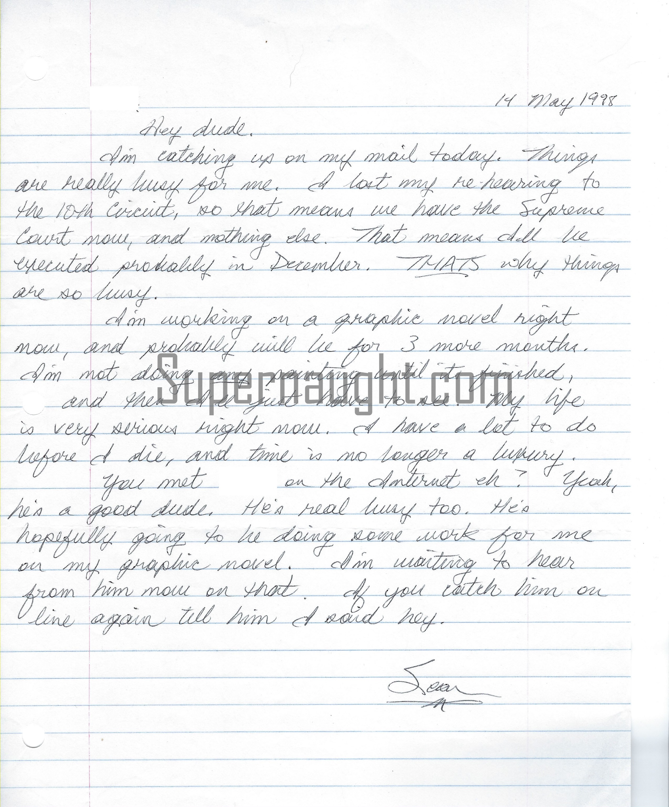 Sean Sellers Signed Letter from Death Row