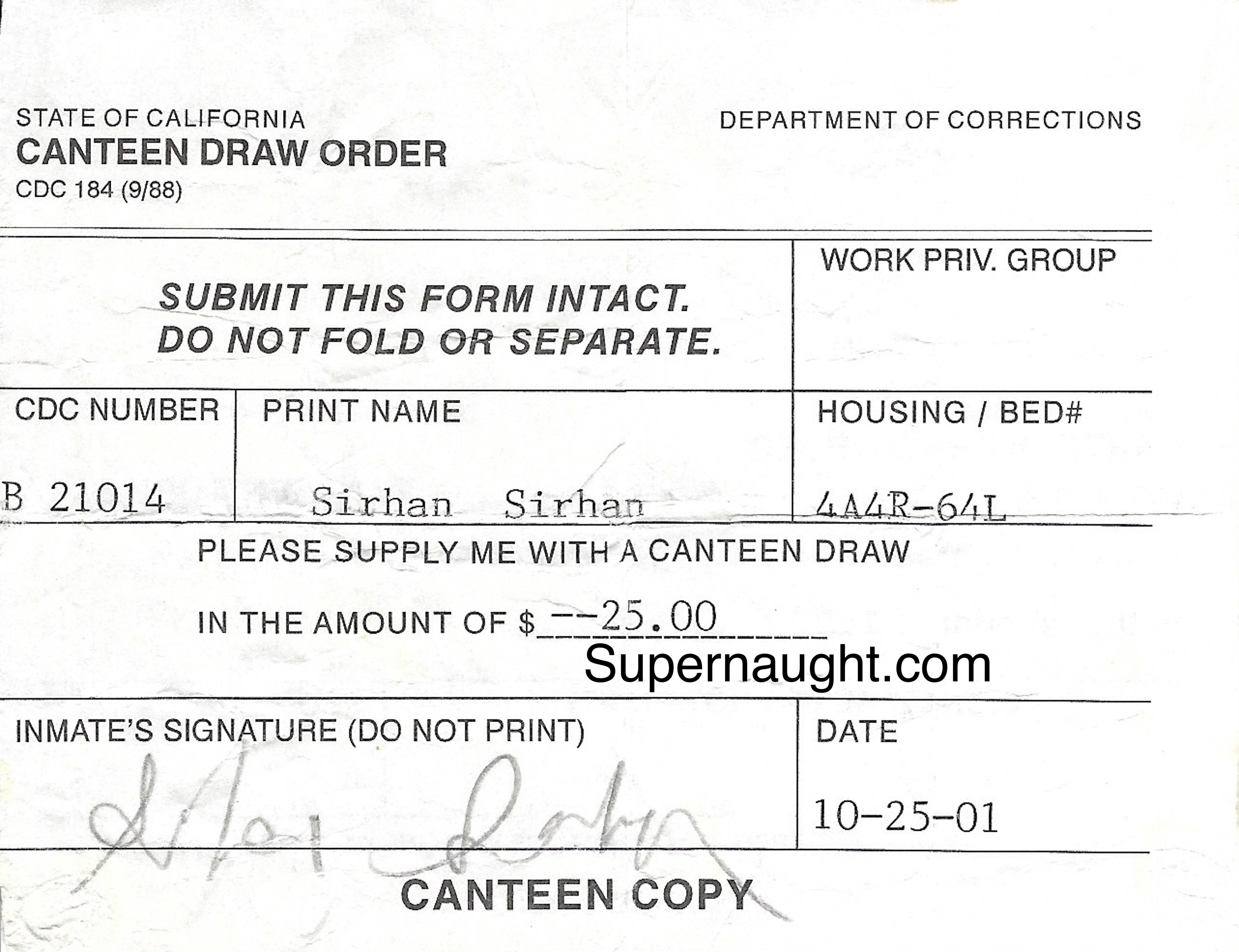 Sirhan Sirhan Signed Canteen Order