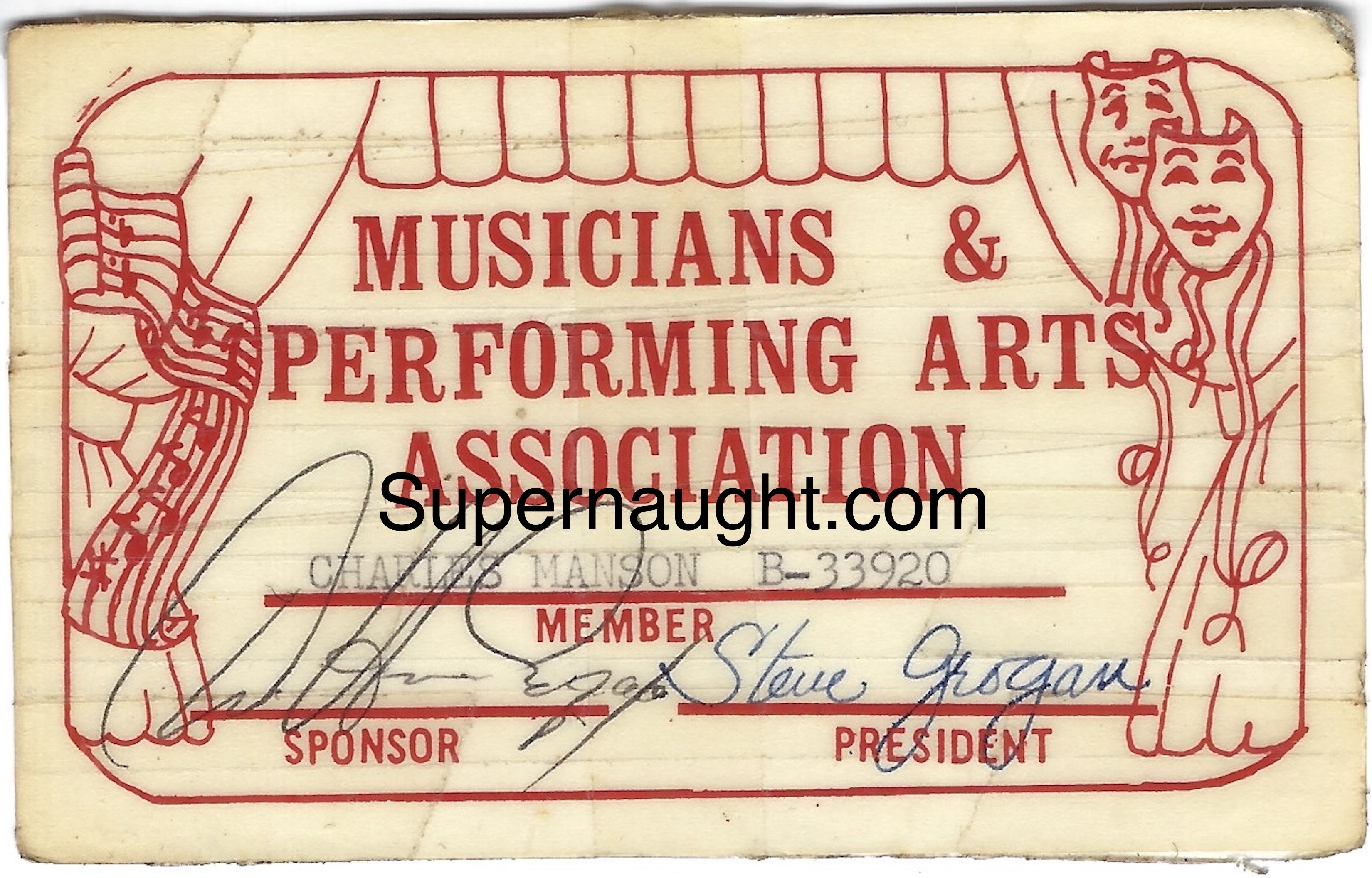 Steve Grogan Signed Charles Manson Musicians Association Card Clem