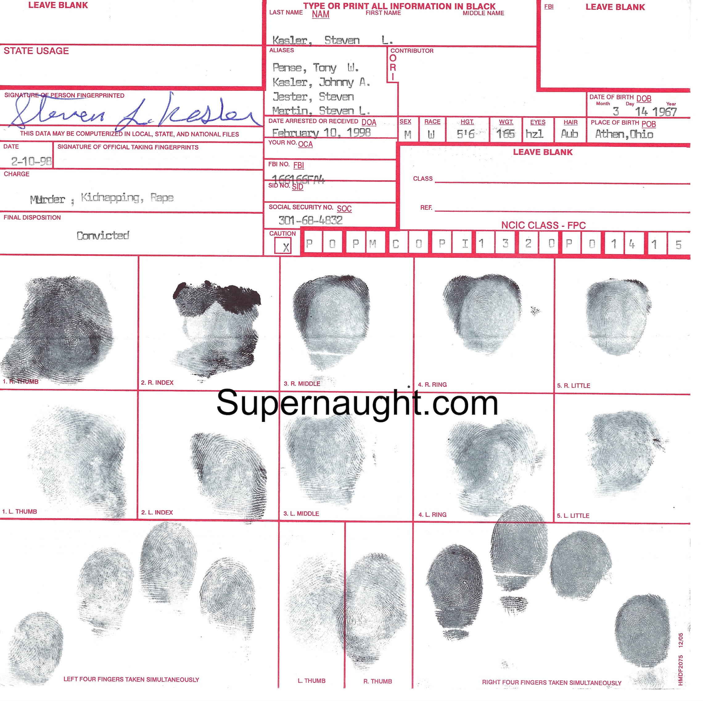 Steven Kasler Fingerprint Chart Signed Steven L Kasler