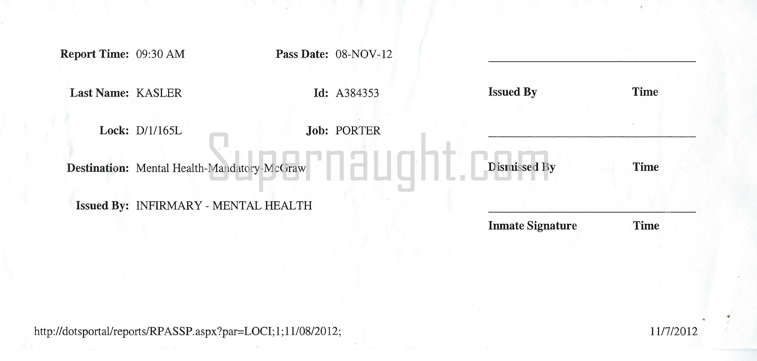 Steven Kasler Mental Health Inmate Pass
