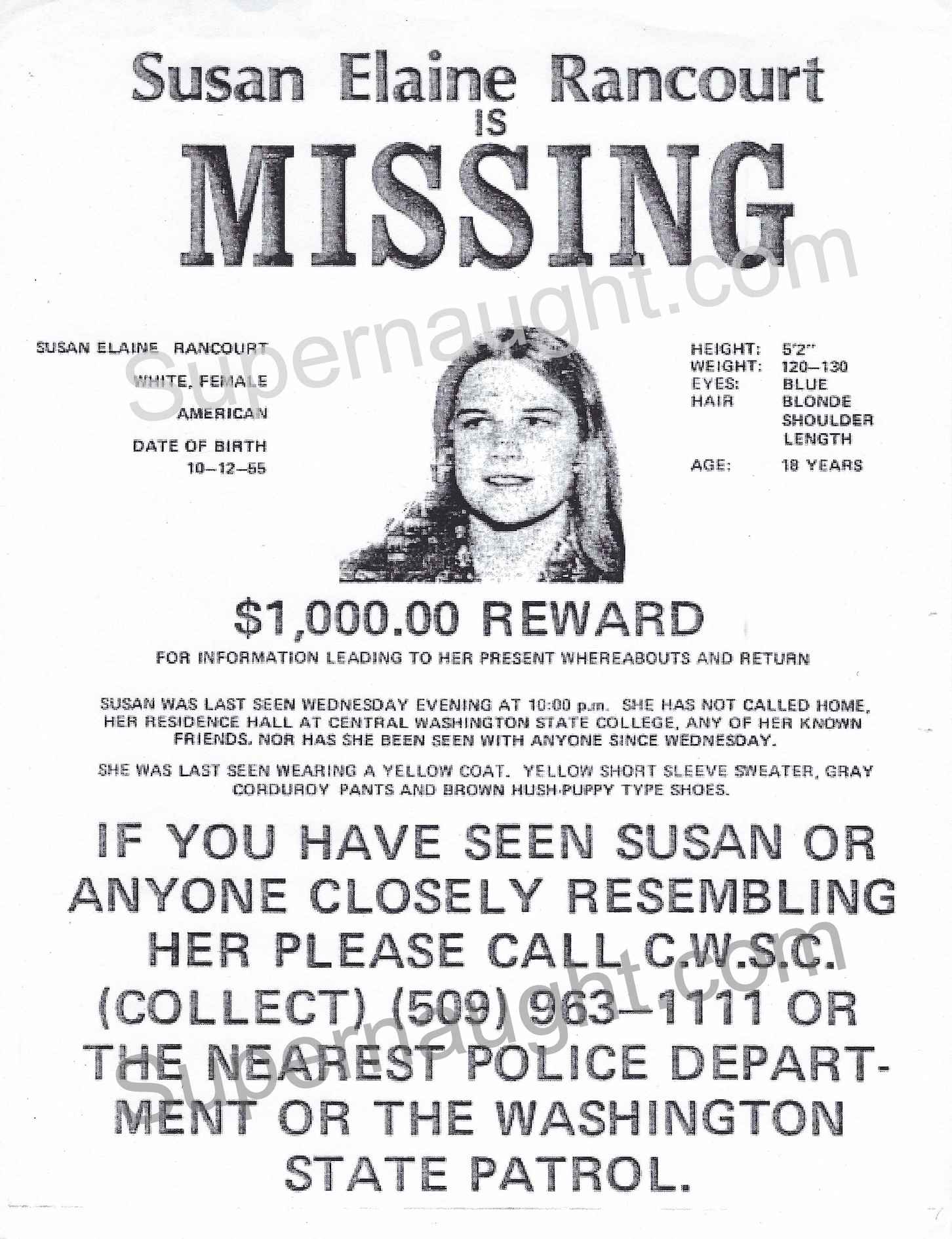 Susan Rancourt Missing Flyer Replica - Ted Bundy Victim