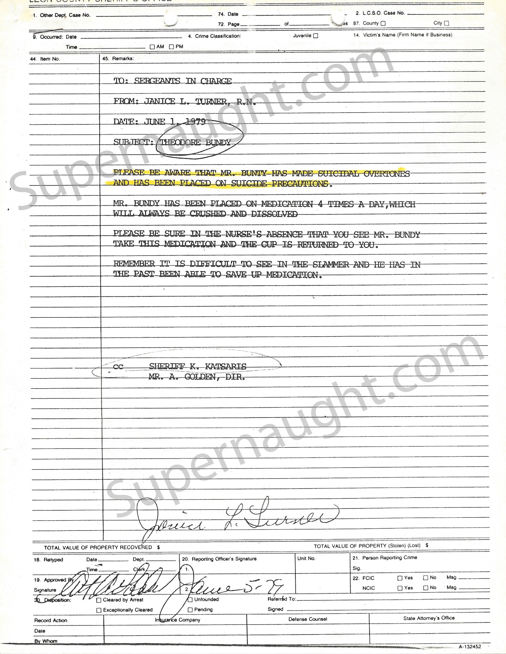 Ted Bundy 1979 County Jail Medical Records 12 pages with Folder