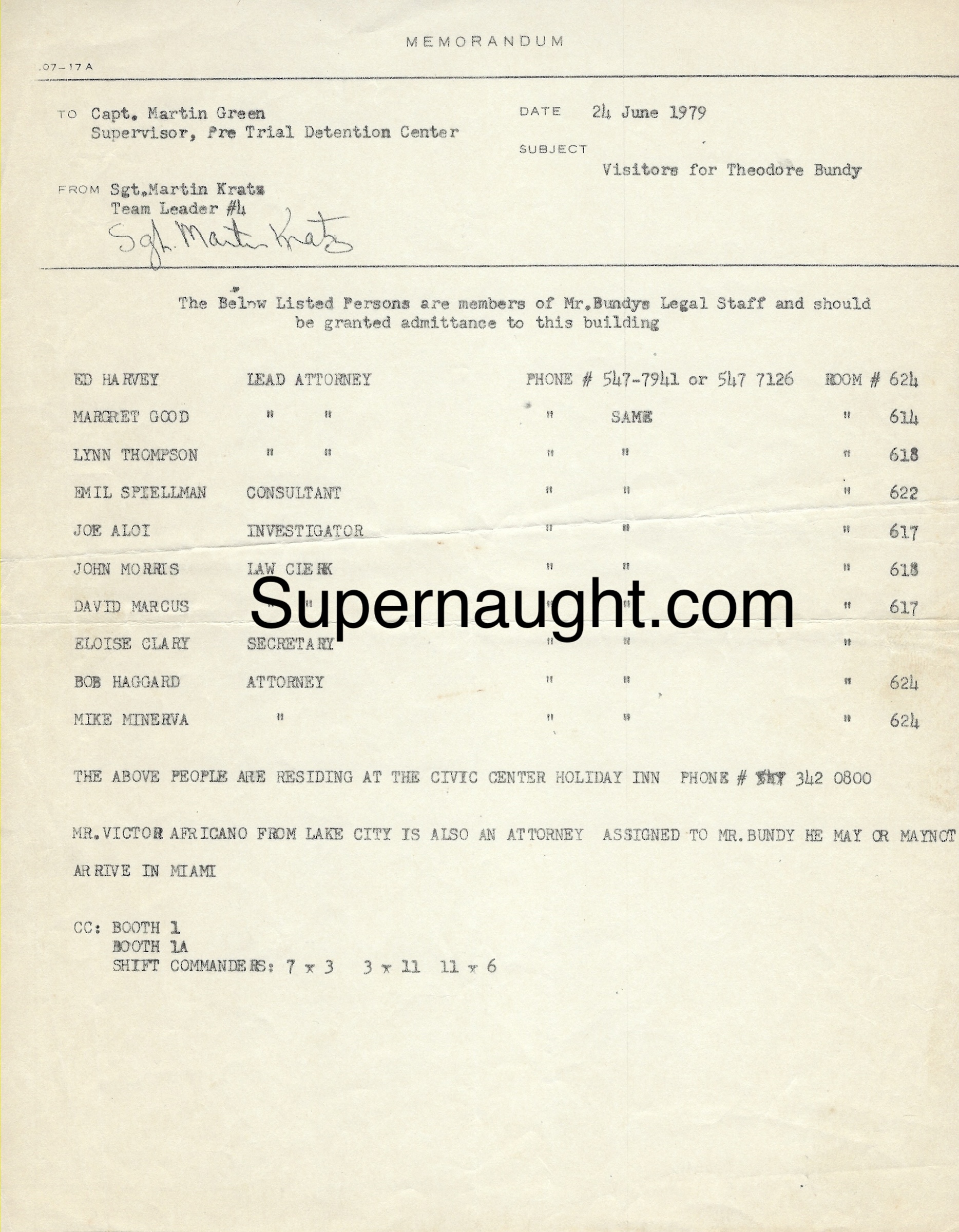 Ted Bundy 1979 County Jail Visiting Memo