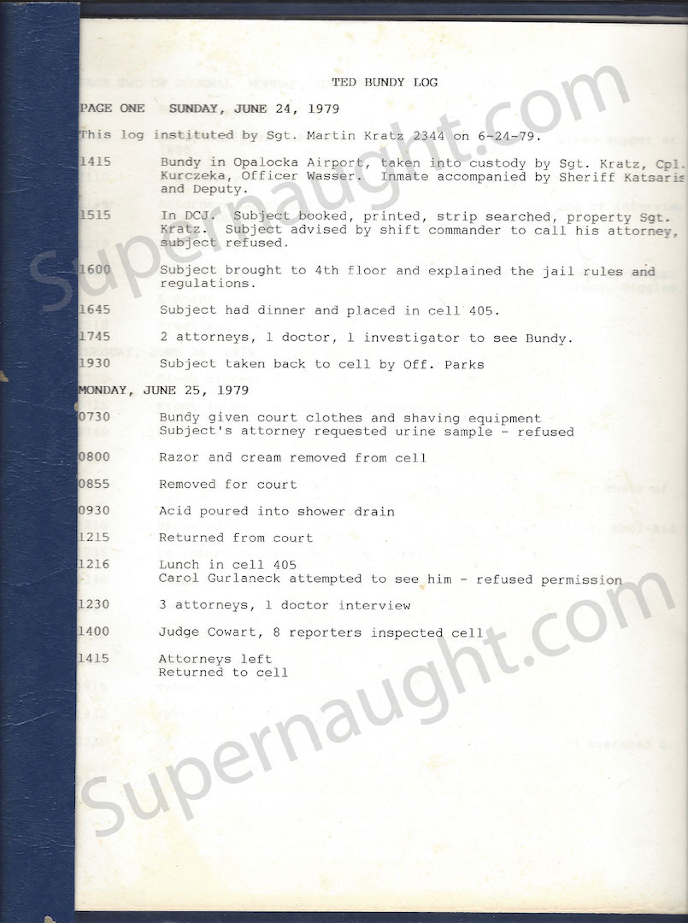 Ted Bundy 1979 Dade County Jail Watch Log