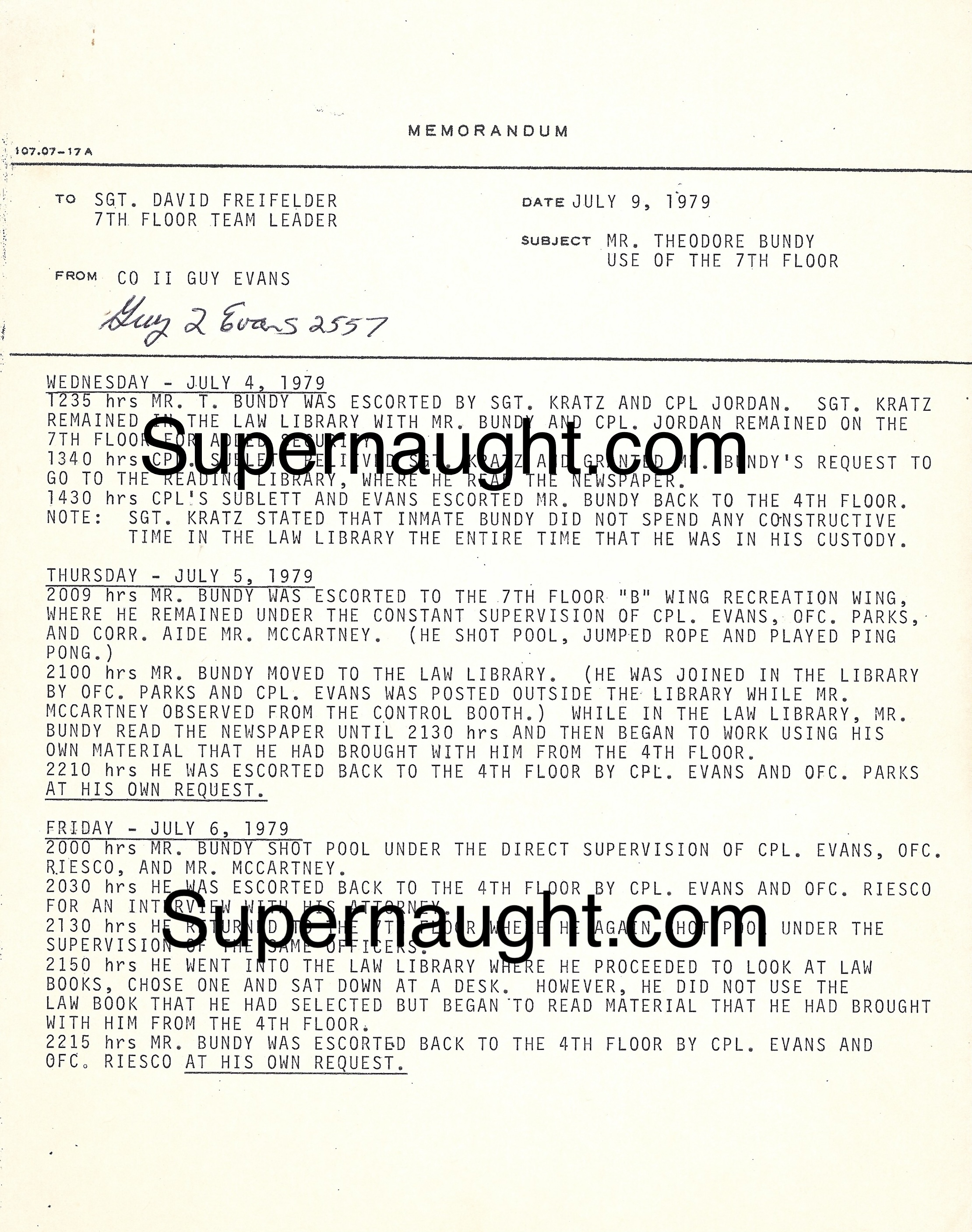 Ted Bundy 1979 Daily Activities Memo